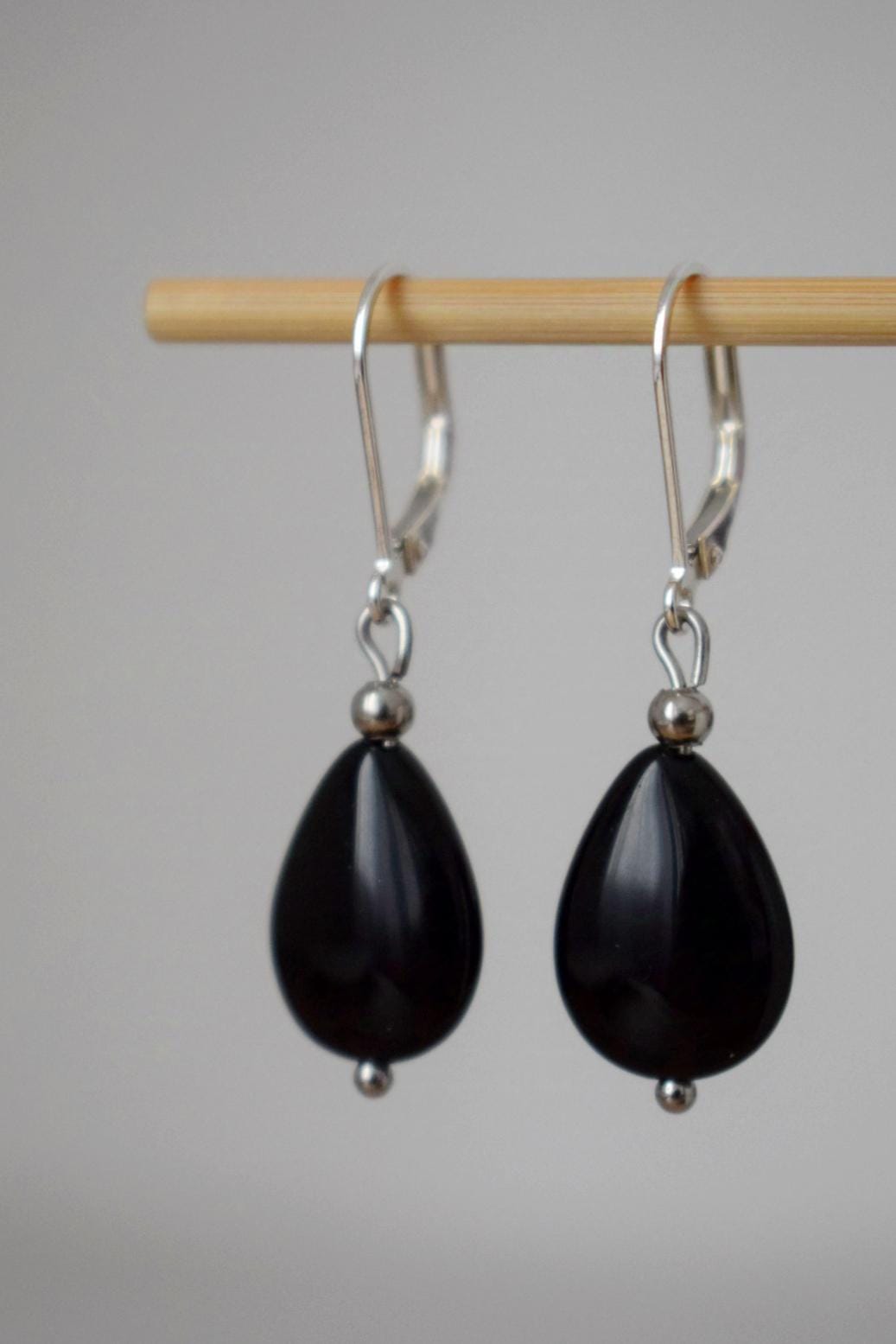 Black Onyx Teardrop Earrings: Sterling Silver Huggies, Boho Chic Jewelry