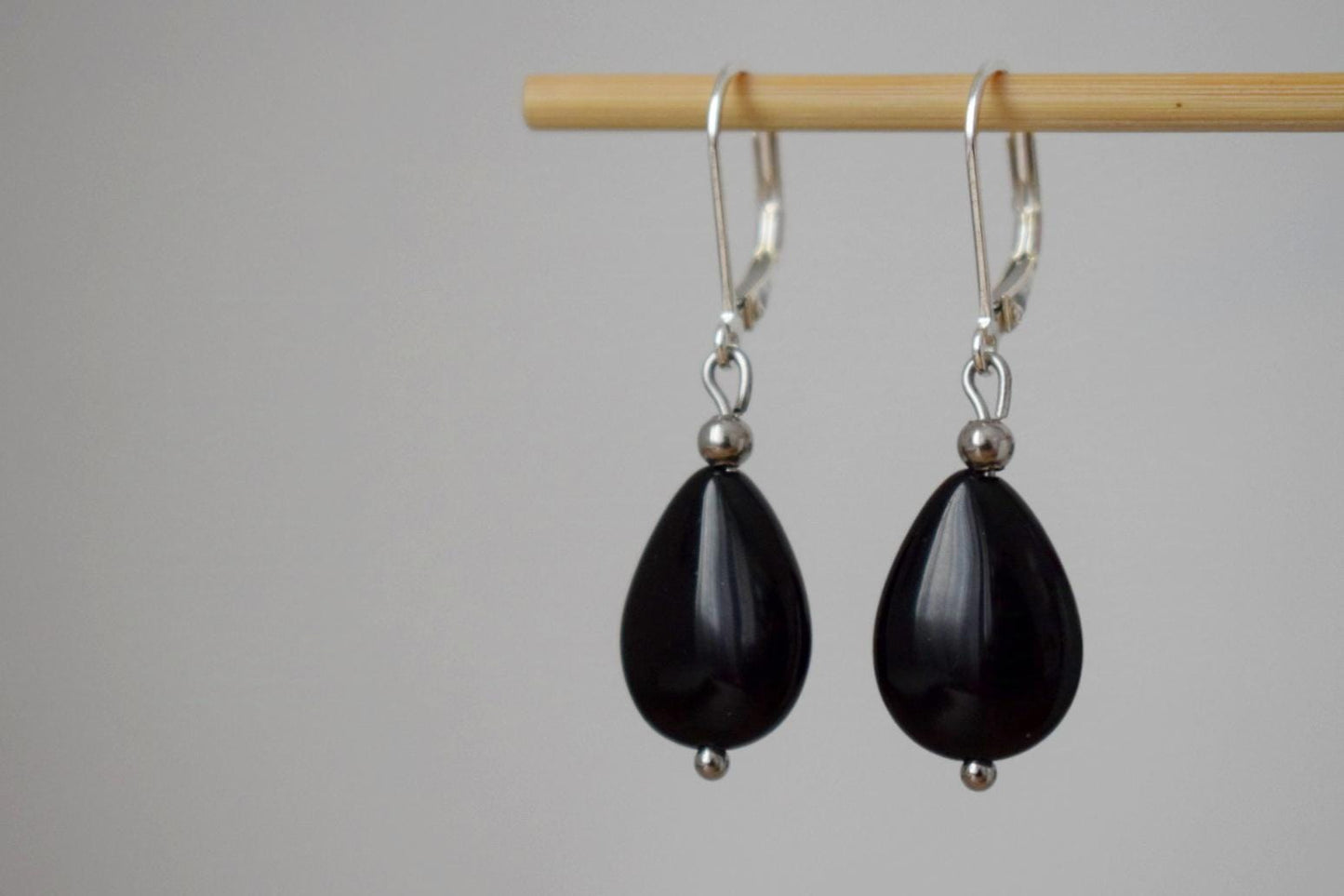 Black Onyx Teardrop Earrings: Sterling Silver Huggies, Boho Chic Jewelry