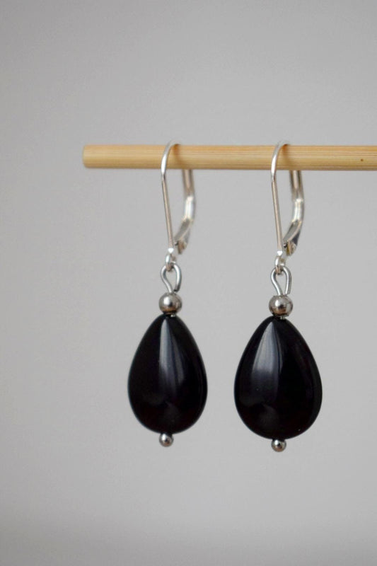 Black Onyx Teardrop Earrings: Sterling Silver Huggies, Boho Chic Jewelry