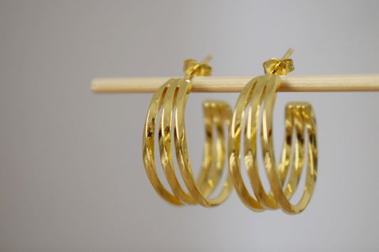 Triple Layer Hoops, 18k Gold Plated Triple Row Stud Earrings, Statement Chunky Half Hoops For Women, Boho Modern Earrings, Gift For Her