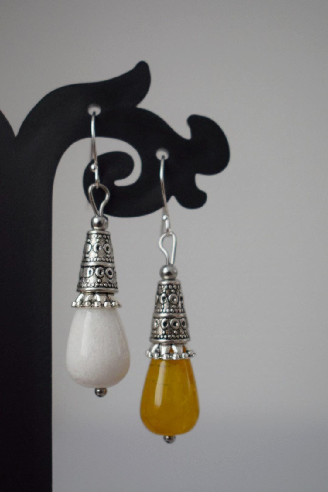 Weiße Jade Tropfen Ohrringe Geschenk für Frauen, Vintage, Sterling Silber Ohrhänger, Boho Chic Ohrringe, Edelstein Handgemachter Schmuck