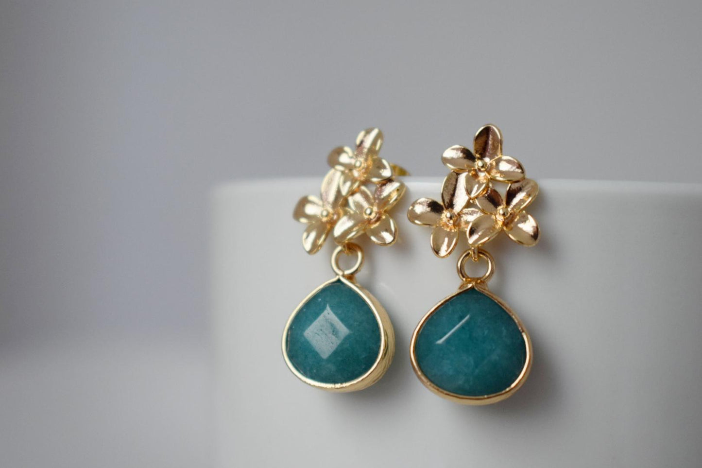 Turquoise Jade Stud Earrings Dangle, Teardrop Gemstone Earrings, 18K Gold Flower Stud, Unique Handmade Boho Jewelry, Mother's Day Gift