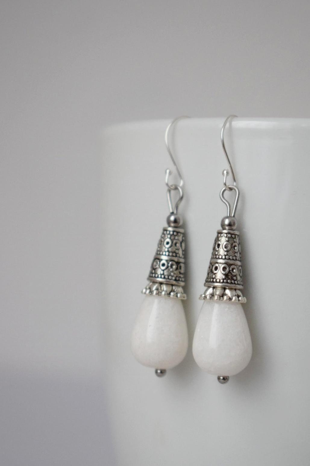 Weiße Jade Tropfen Ohrringe Geschenk für Frauen, Vintage, Sterling Silber Ohrhänger, Boho Chic Ohrringe, Edelstein Handgemachter Schmuck