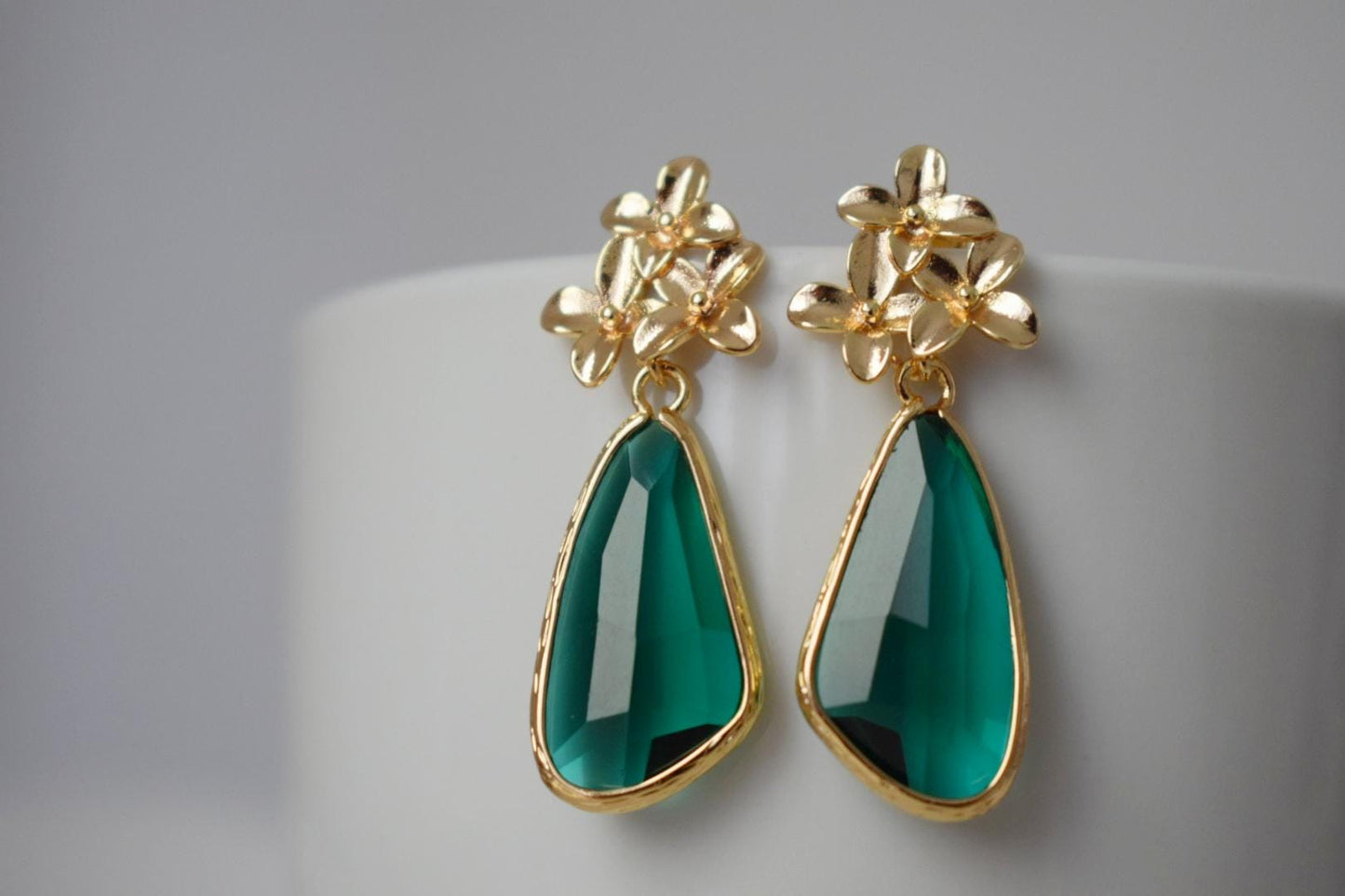 Green Glass Teardrop Dangle Earrings: 18K Gold Flower Posts