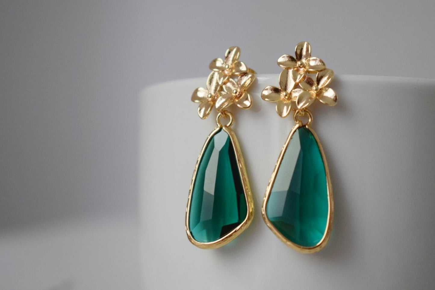 Green Glass Teardrop Dangle Earrings: 18K Gold Flower Posts