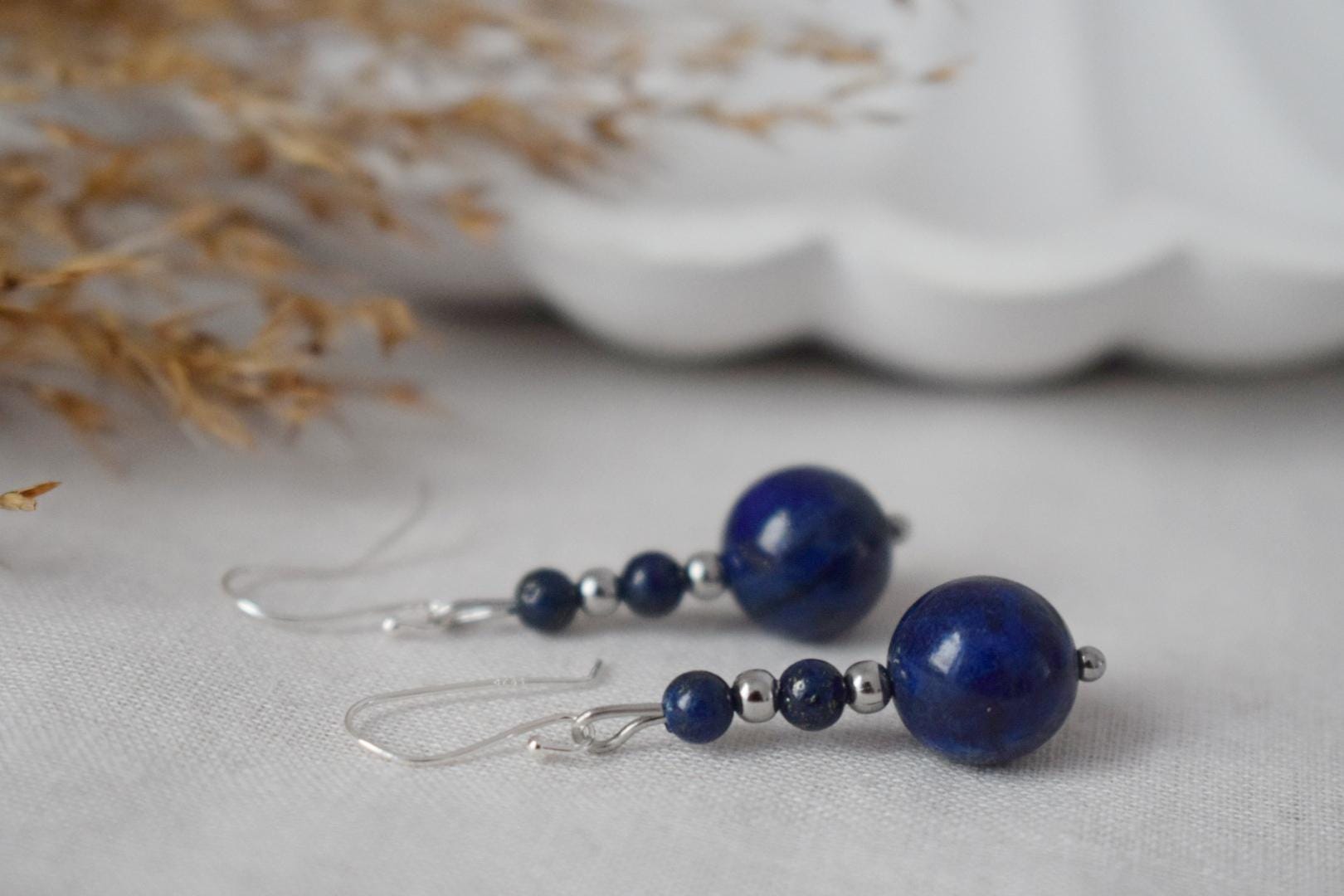 Dainty Lapis Lazuli Dangle Earrings: Stainless Steel, Handmade