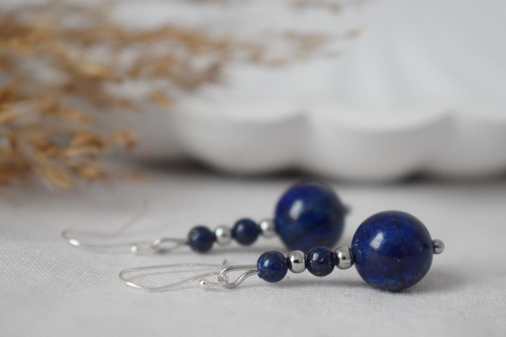Dainty Lapis Lazuli Dangle Earrings: Stainless Steel, Handmade