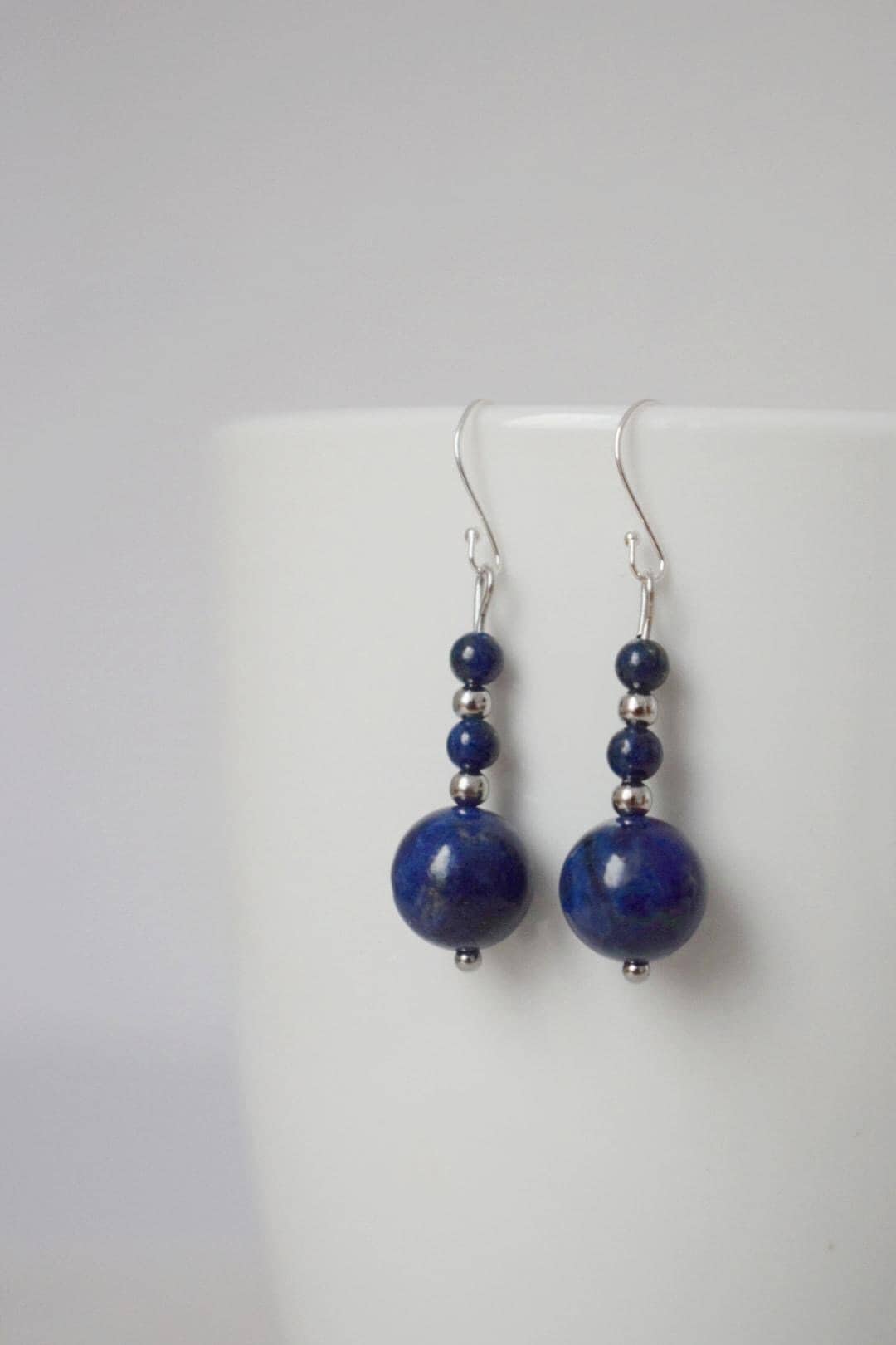 Dainty Lapis Lazuli Dangle Earrings: Stainless Steel, Handmade