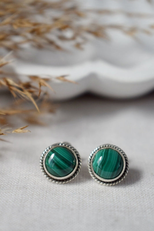 Malachite Stud Earrings: 925 Sterling Silver Earrings, Green Gemstone Earrings, Minimalist Jewellery, Gift For Her