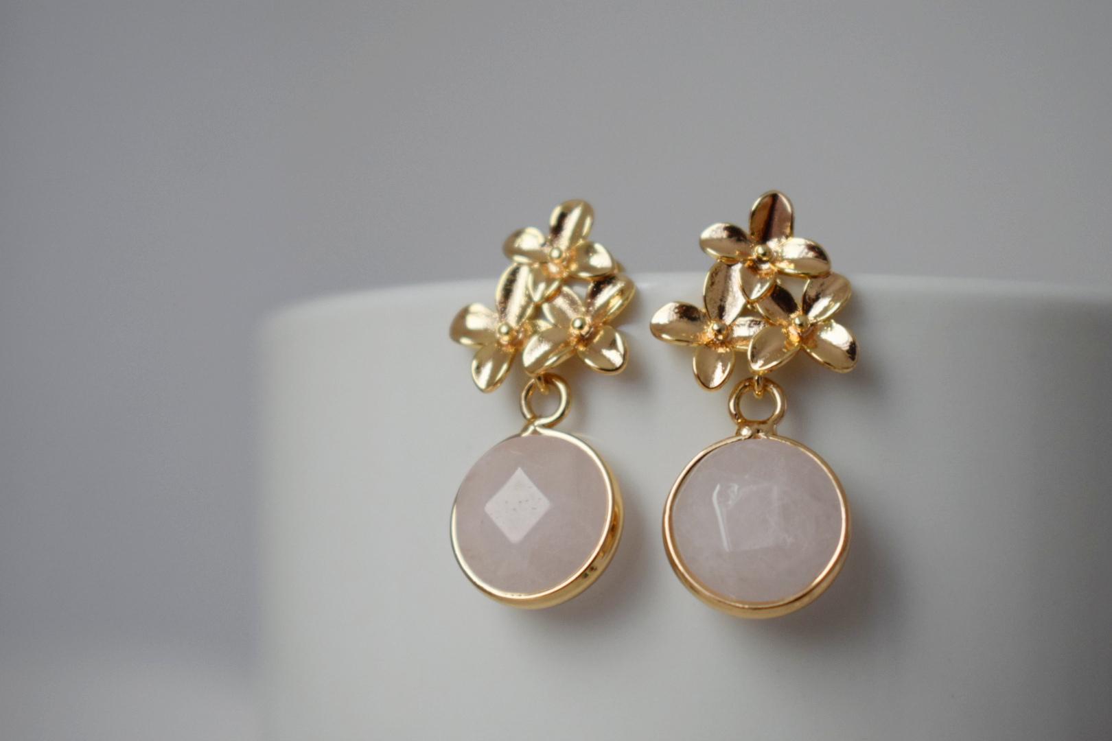 Rose Quartz Earrings: 18K Gold Flower Dangle Studs, Jewelry gift