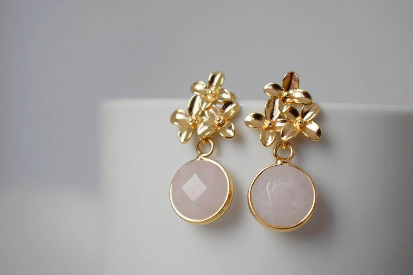 Rose Quartz Earrings: 18K Gold Flower Dangle Studs, Jewelry gift
