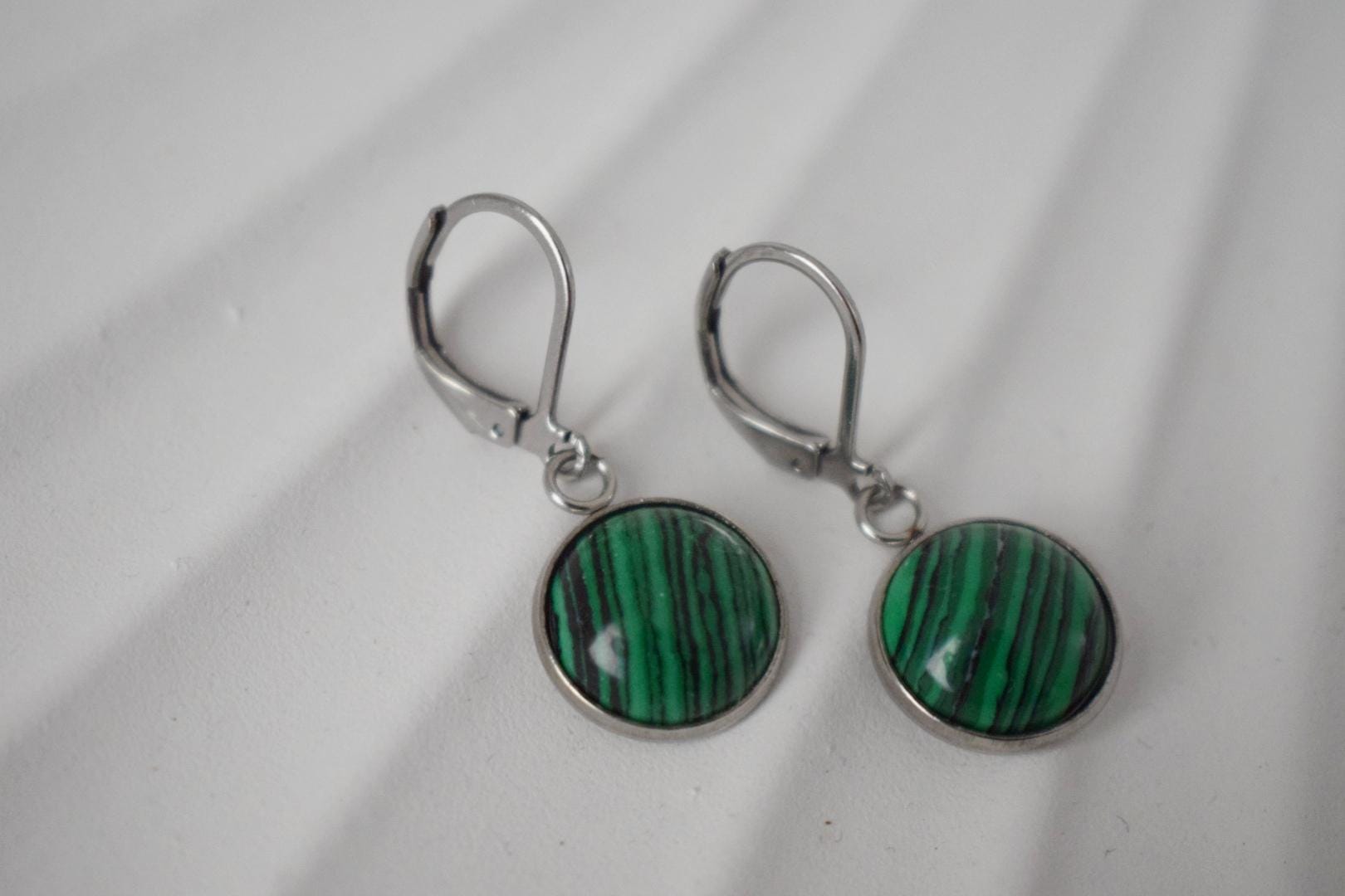 Malachite earrings huggies, Green Jewelry Gift