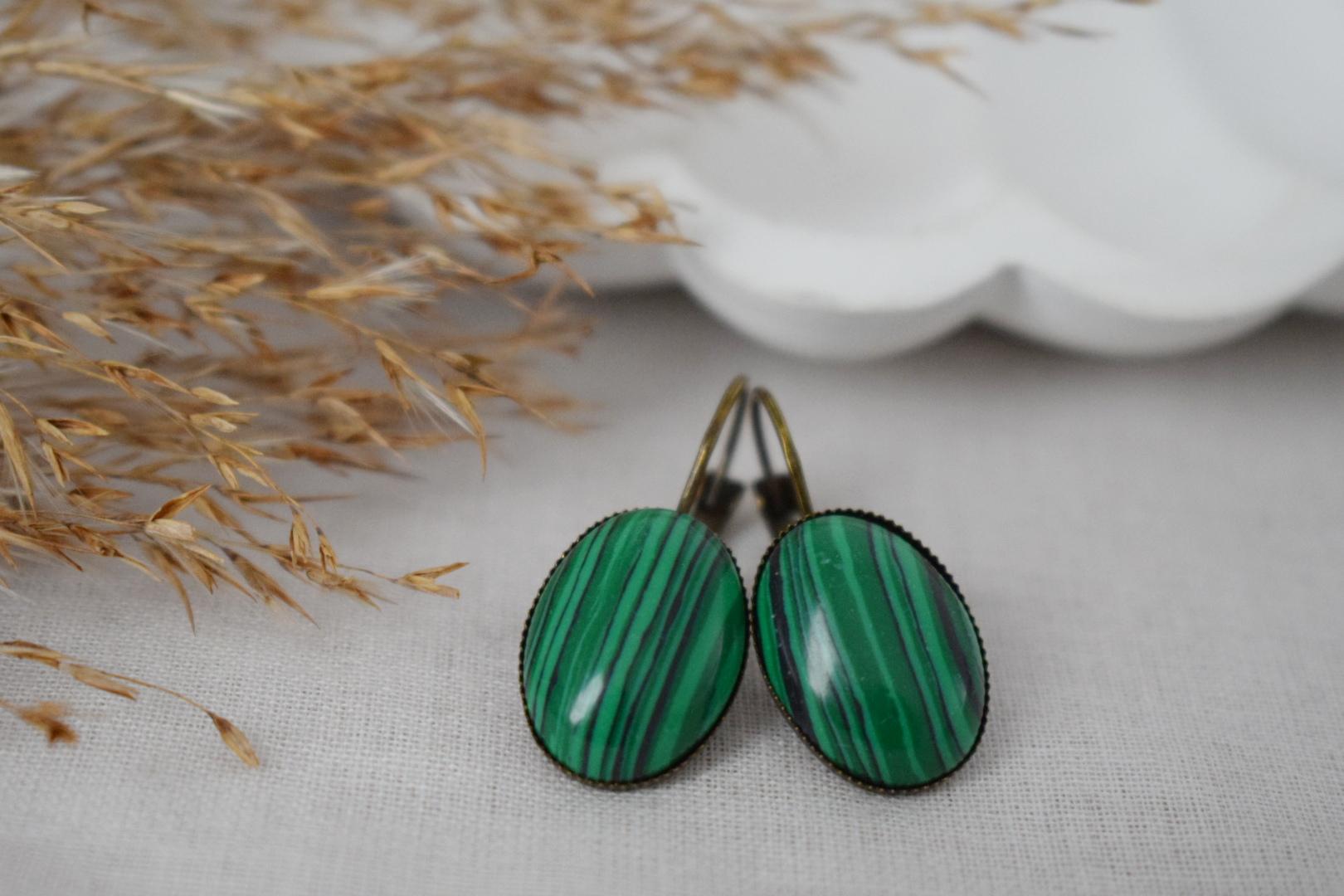 Malachite dangle earrings, Green gemstone vintage jewelry