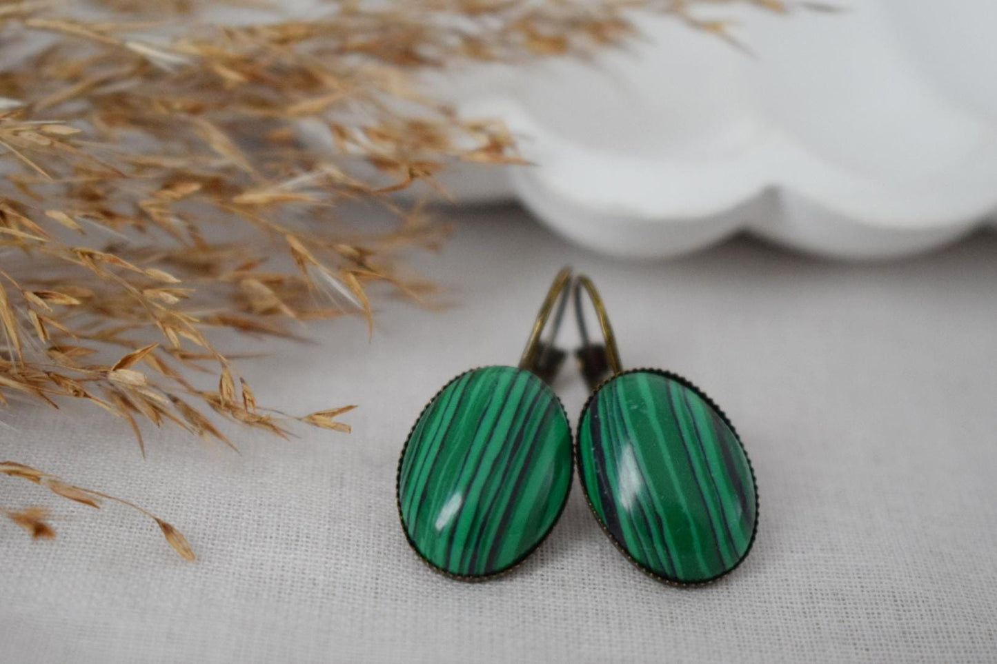 Malachite dangle earrings, Green gemstone vintage jewelry