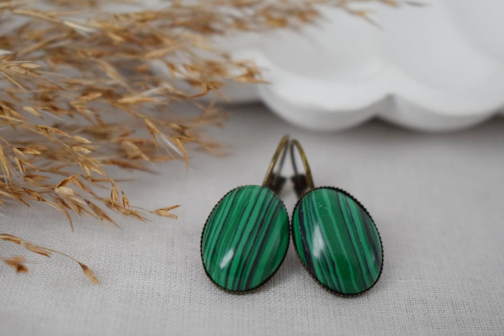 Malachite dangle earrings, Green gemstone vintage jewelry