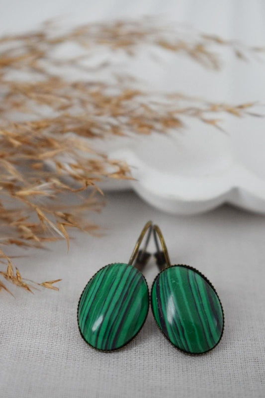 Malachite dangle earrings, Green gemstone vintage jewelry