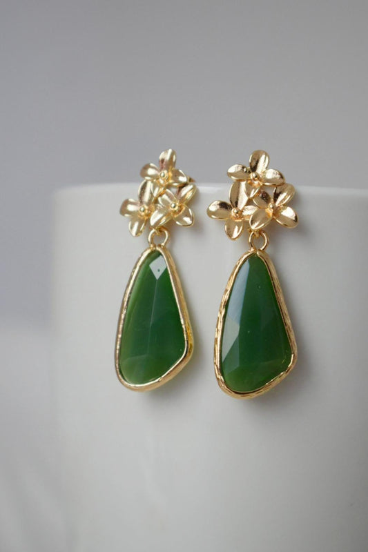 Glass dangle earrings, Boho long teardrop earrings, Flower post earrings, Faceted green earrings, Unique jewelry, Mother's day gift