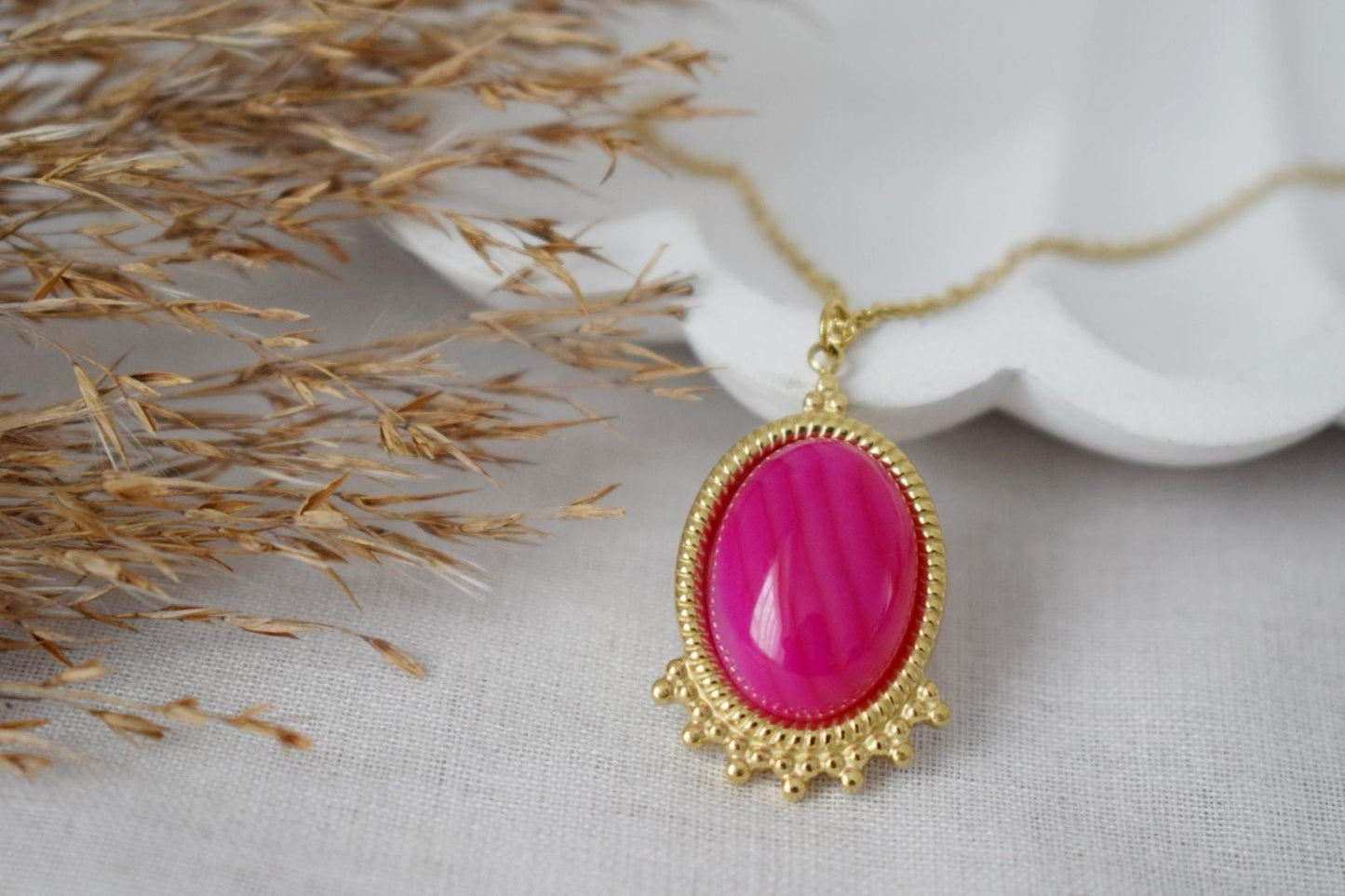 Pink Agate Necklace Golden, Gemstone Victorian Statement Jewelry, Gift For Her