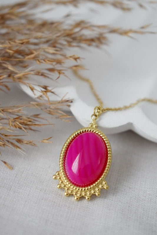 Pink Agate Necklace Golden, Gemstone Victorian Statement Jewelry, Gift For Her