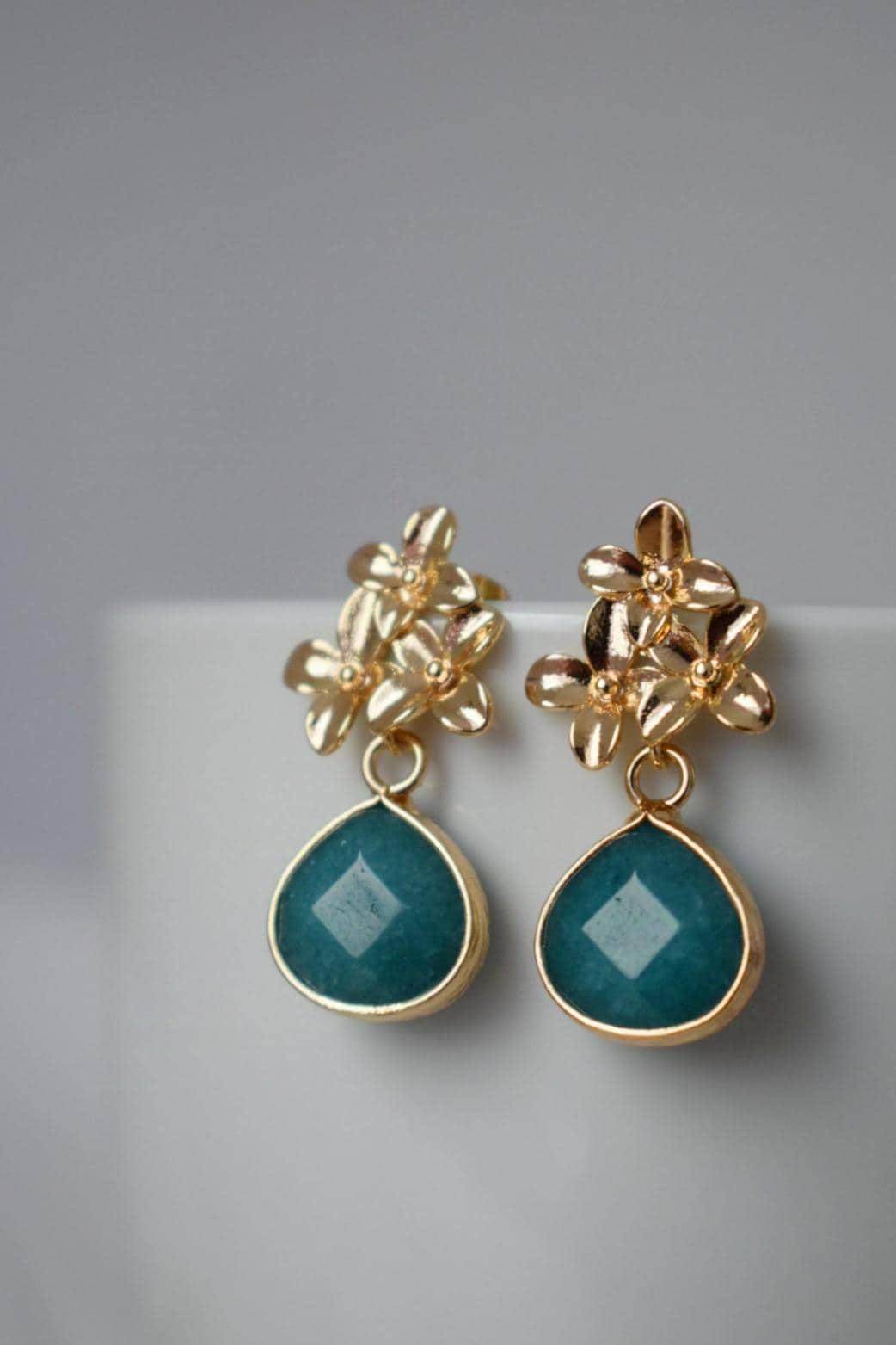 Turquoise Jade Stud Earrings Dangle, Teardrop Gemstone Earrings, 18K Gold Flower Stud, Unique Handmade Boho Jewelry, Mother's Day Gift