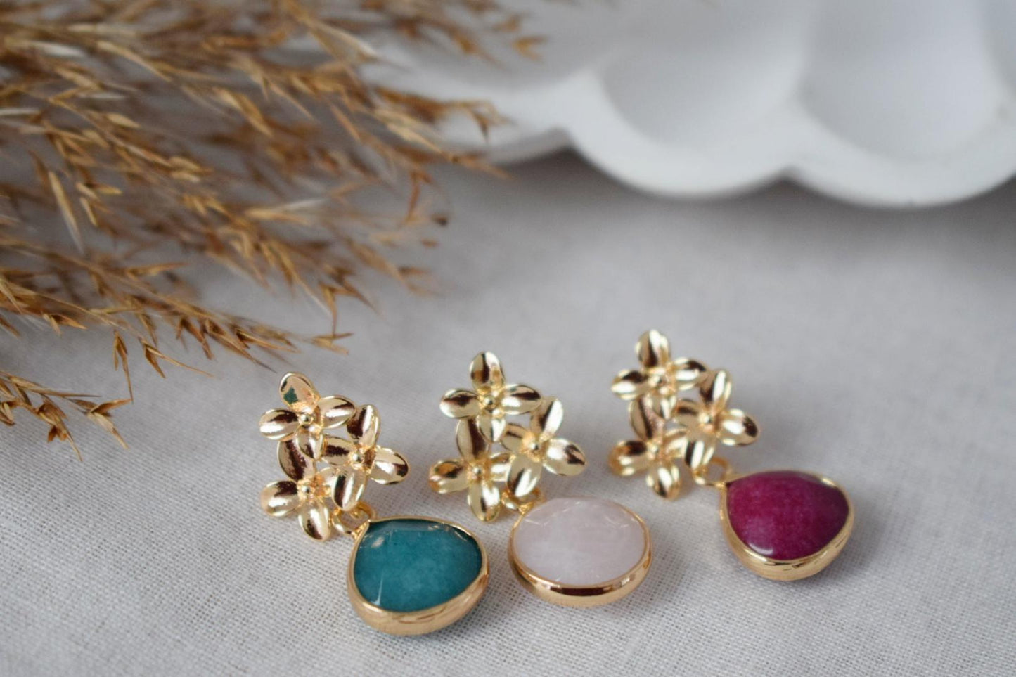 Rose Quartz Earrings: 18K Gold Flower Dangle Studs, Jewelry gift