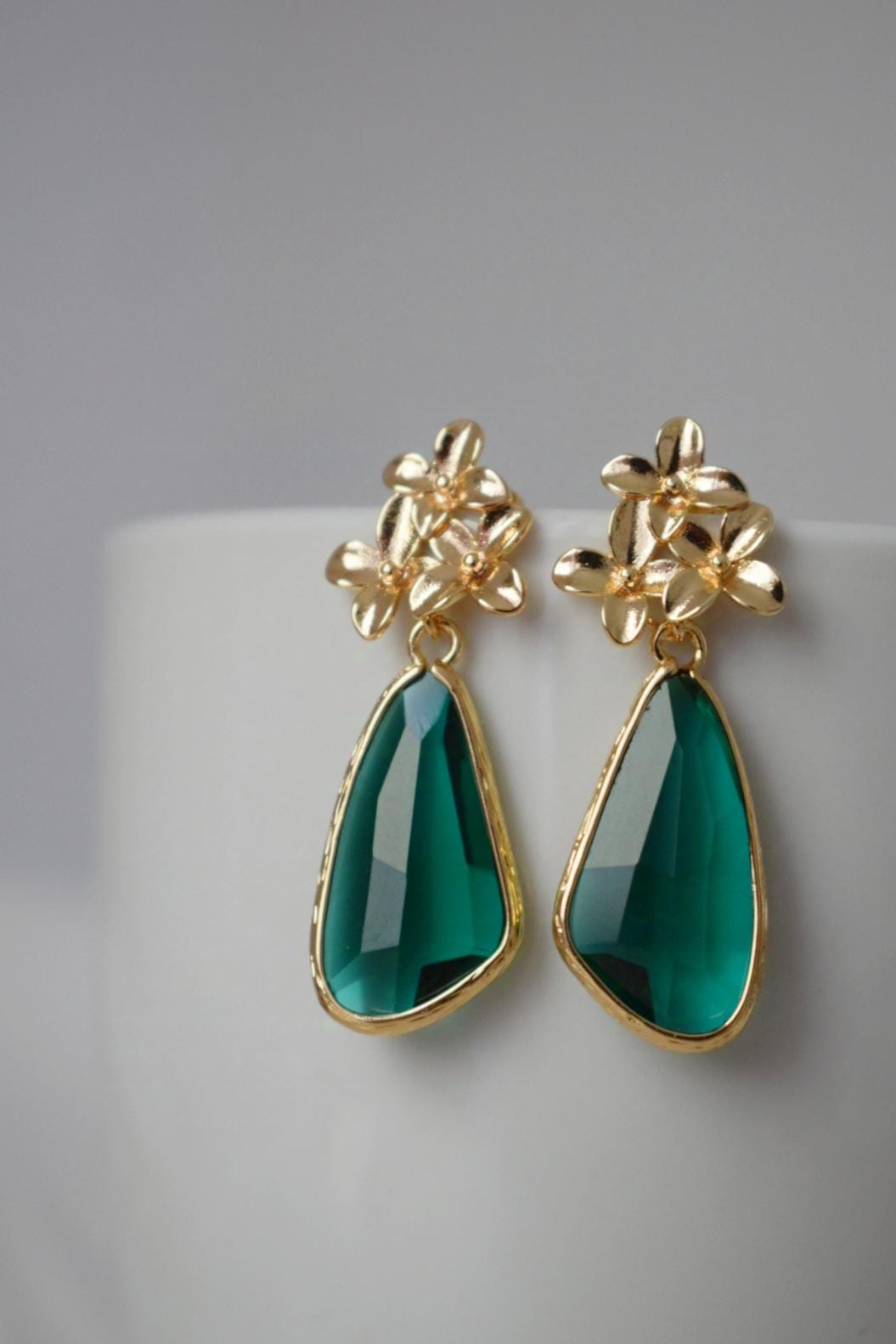 Green Glass Teardrop Dangle Earrings: 18K Gold Flower Posts