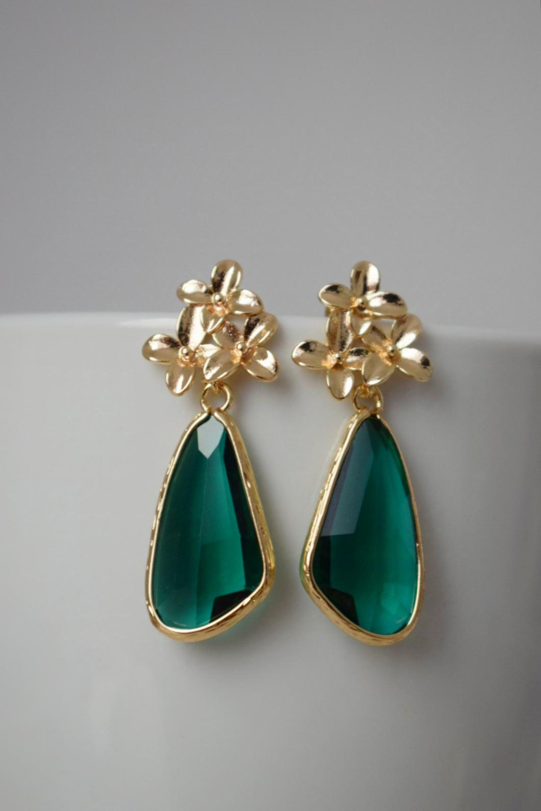 Green Glass Teardrop Dangle Earrings: 18K Gold Flower Posts
