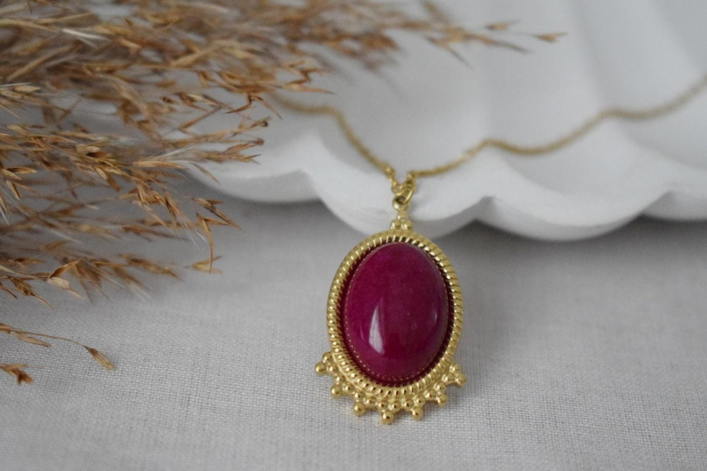 Magenta Red Jade Necklace Gold, Oval Gemstone Victorian Necklace For Women, Unique Pendant, Statement Necklace, Jewelry Gift For Her