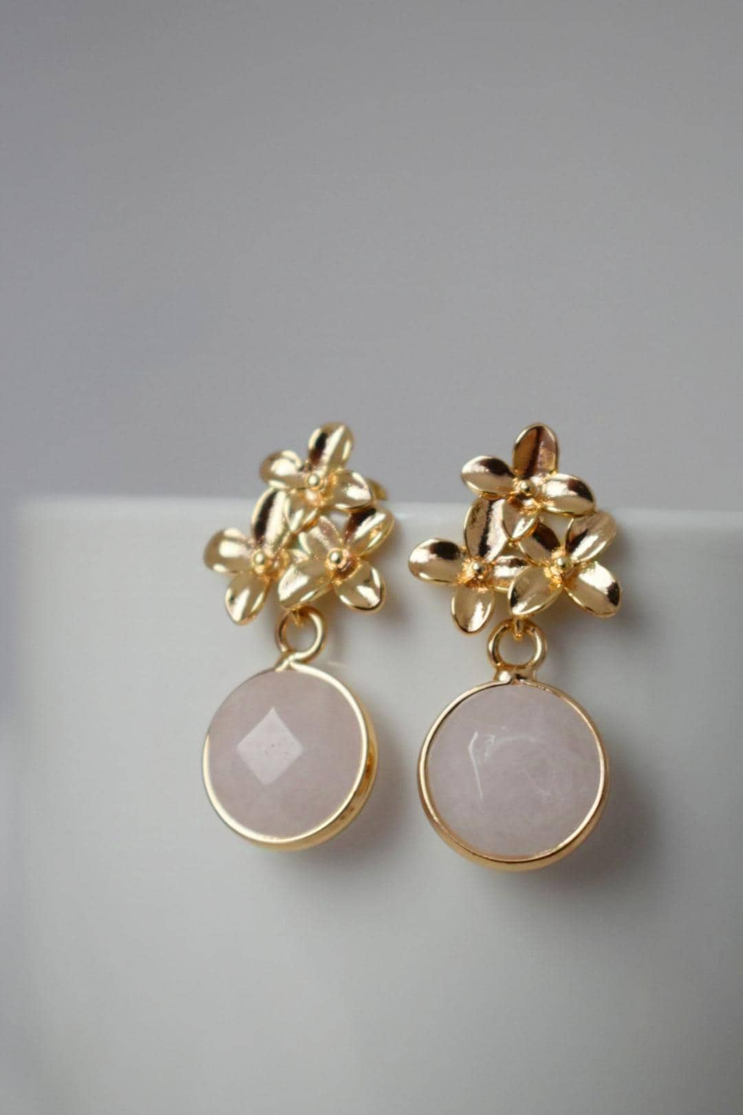 Rose Quartz Earrings: 18K Gold Flower Dangle Studs, Jewelry gift