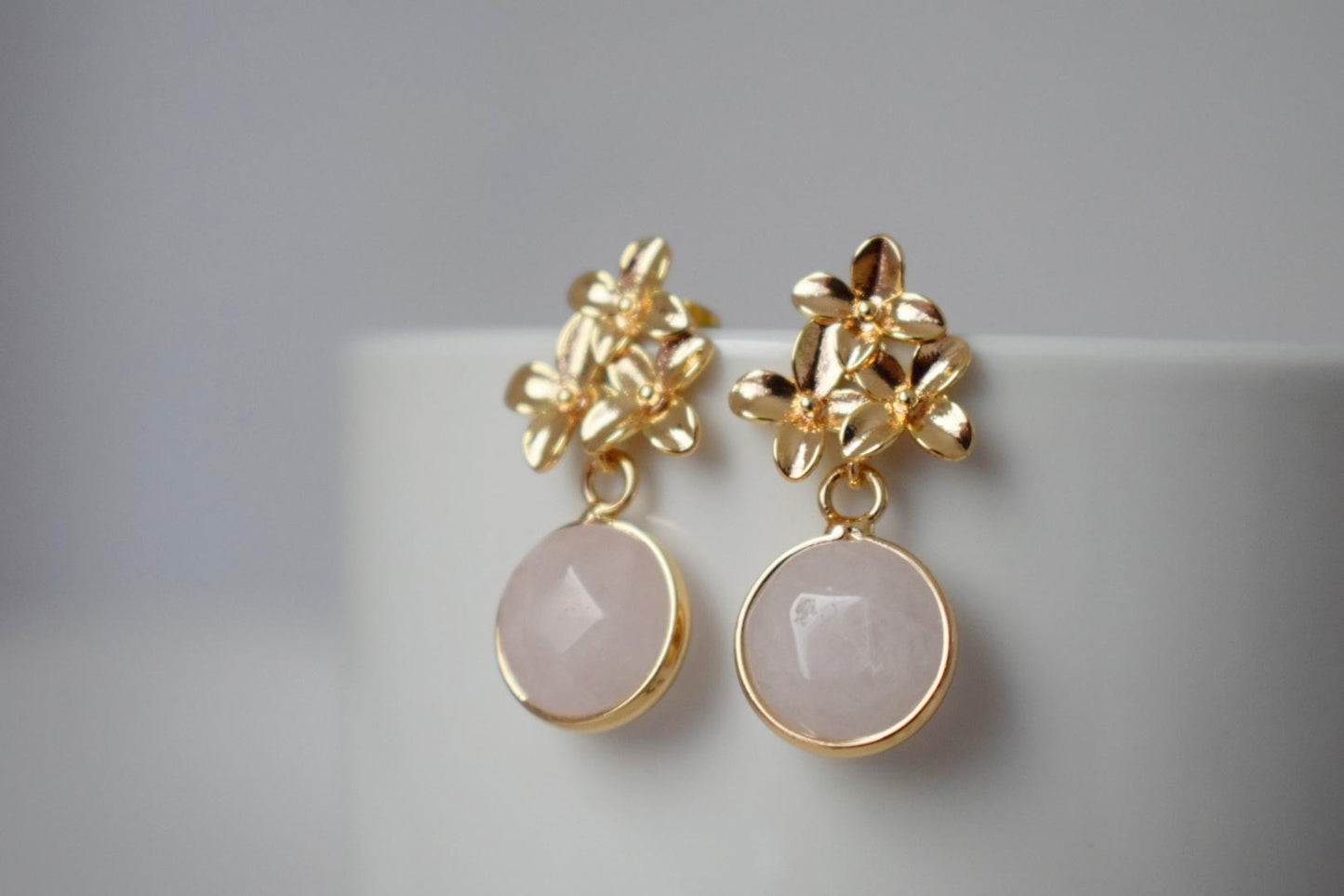 Rose Quartz Earrings: 18K Gold Flower Dangle Studs, Jewelry gift