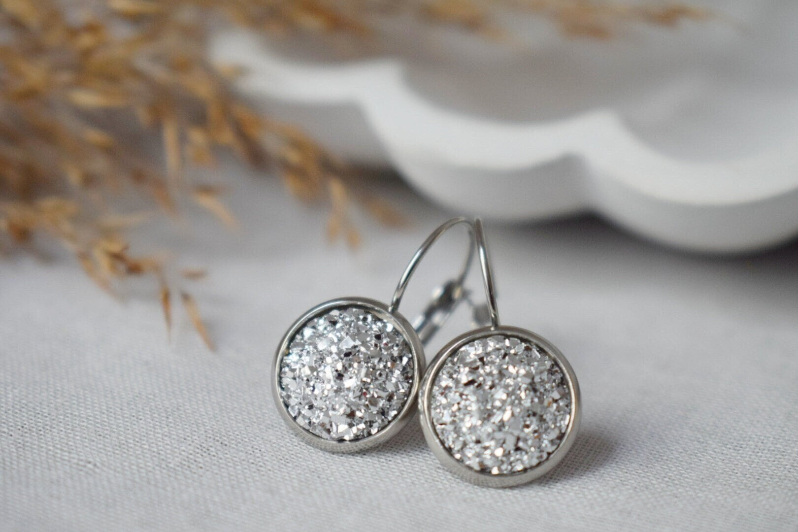 Druzy Earrings, Sparkling Dangles, Silver Color Jewelry, Gift For Her