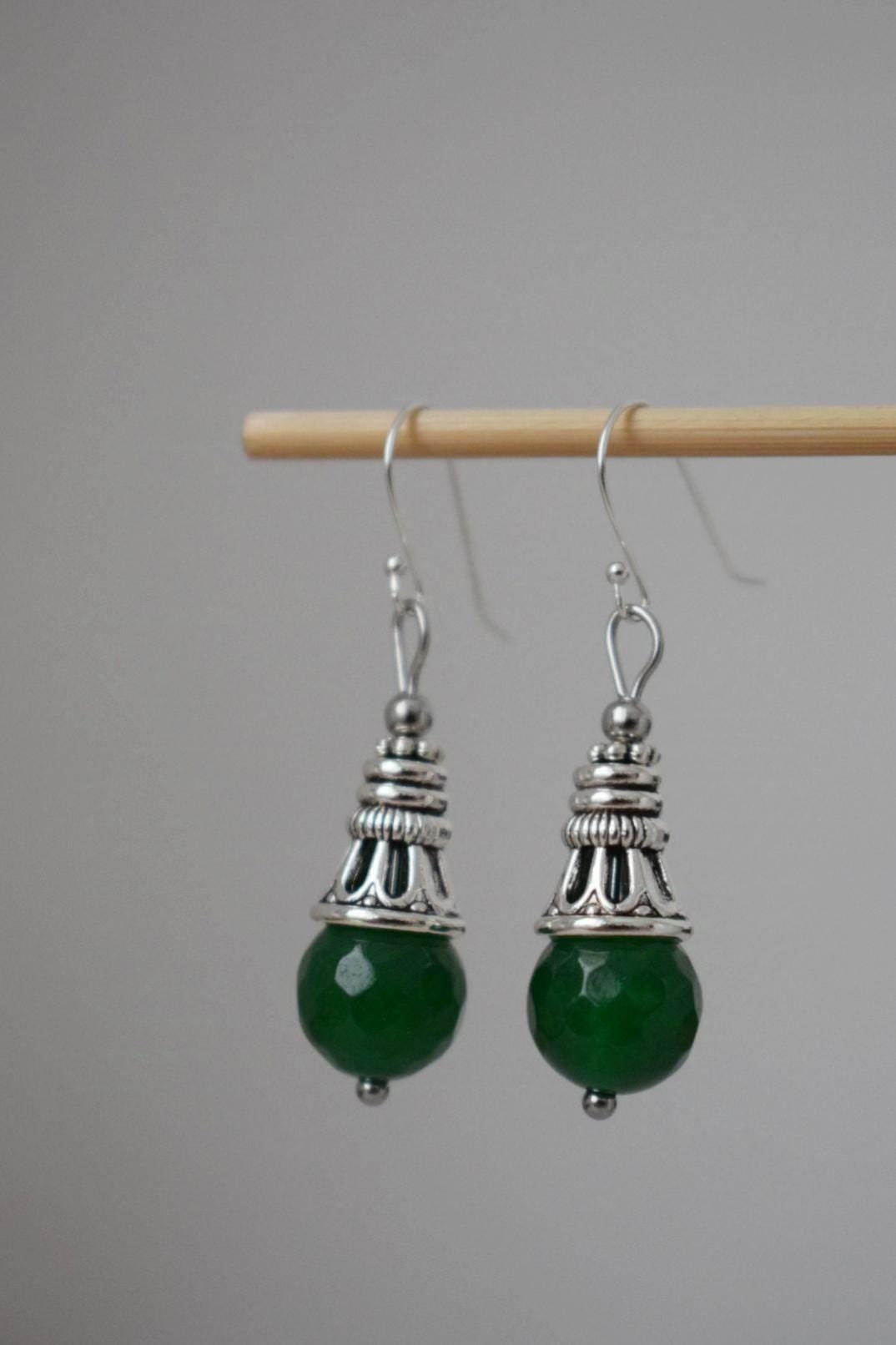 Green jade teardrop earrings with sterling silver hooks, Vintage dangle and drop gemstone earrings, Boho jewelry, Unique gift for women