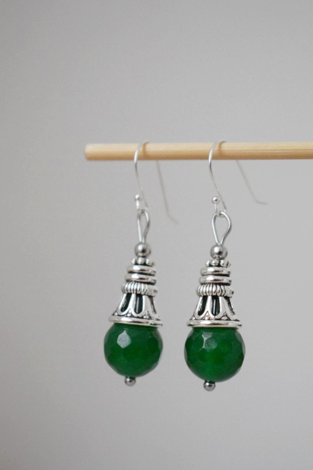 Green jade teardrop earrings with sterling silver hooks, Vintage dangle and drop gemstone earrings, Boho jewelry, Unique gift for women