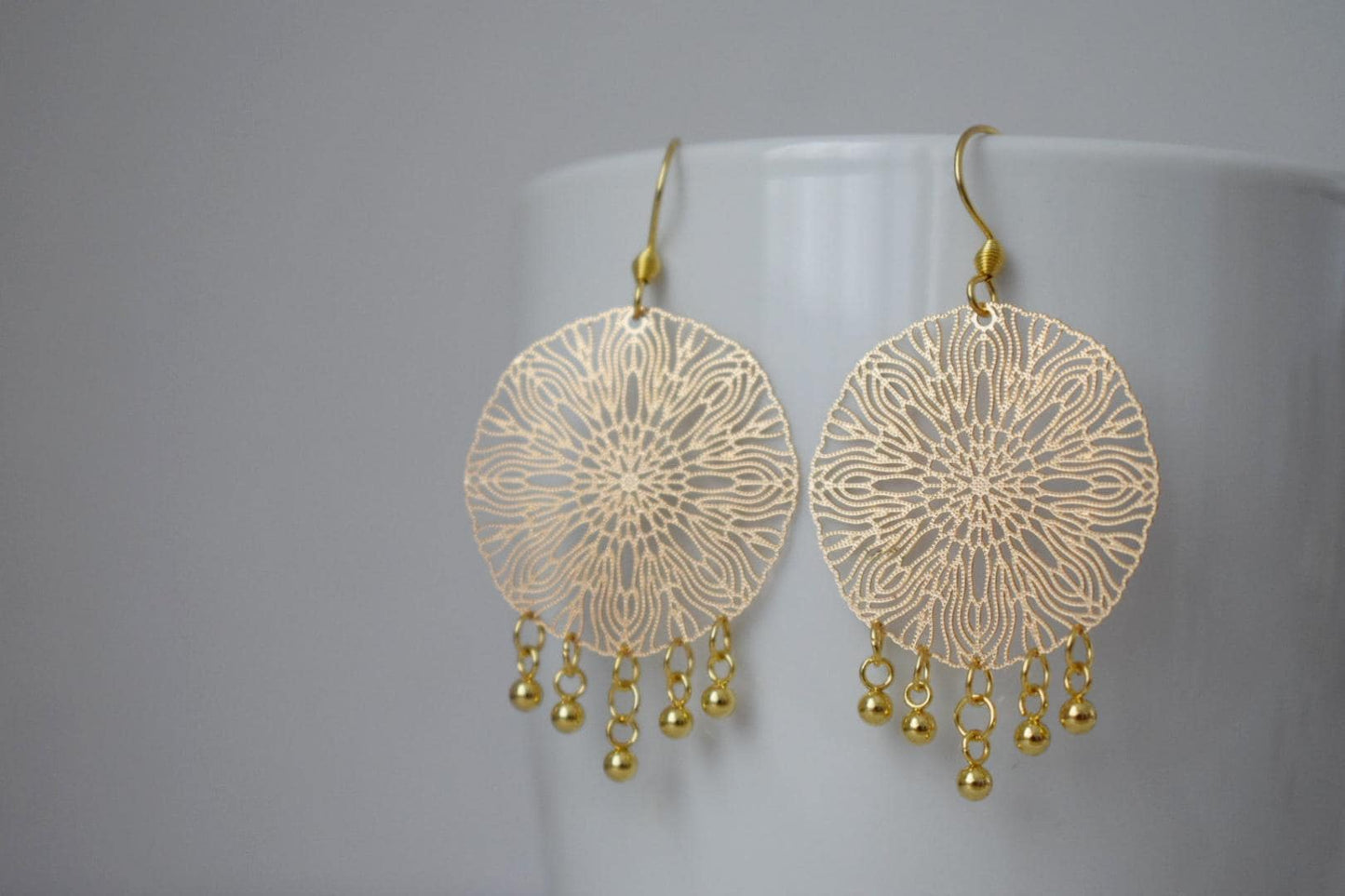Ornament Ohrringe für Frauen, Mandala Gold Ohrringe, Edelstahl Ohrringe, Boho filigrane Gold Ohrringe, Mandala Schmuck, Geschenk für Sie
