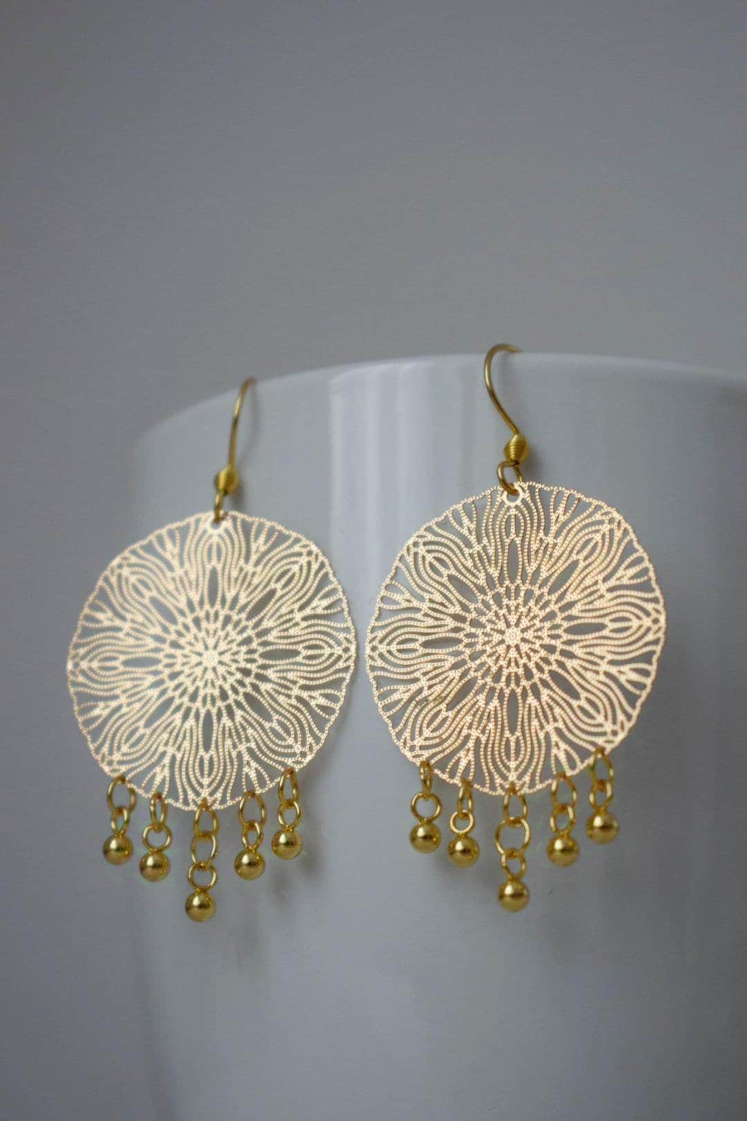 Ornament Ohrringe für Frauen, Mandala Gold Ohrringe, Edelstahl Ohrringe, Boho filigrane Gold Ohrringe, Mandala Schmuck, Geschenk für Sie
