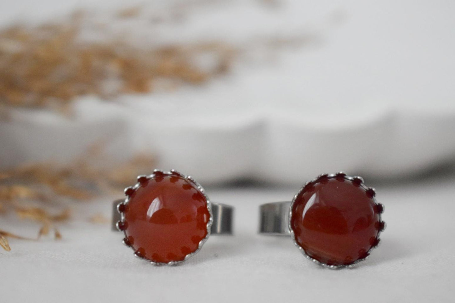 Red Agate Ring: Stainless Steel Adjustable Gemstone Jewelry