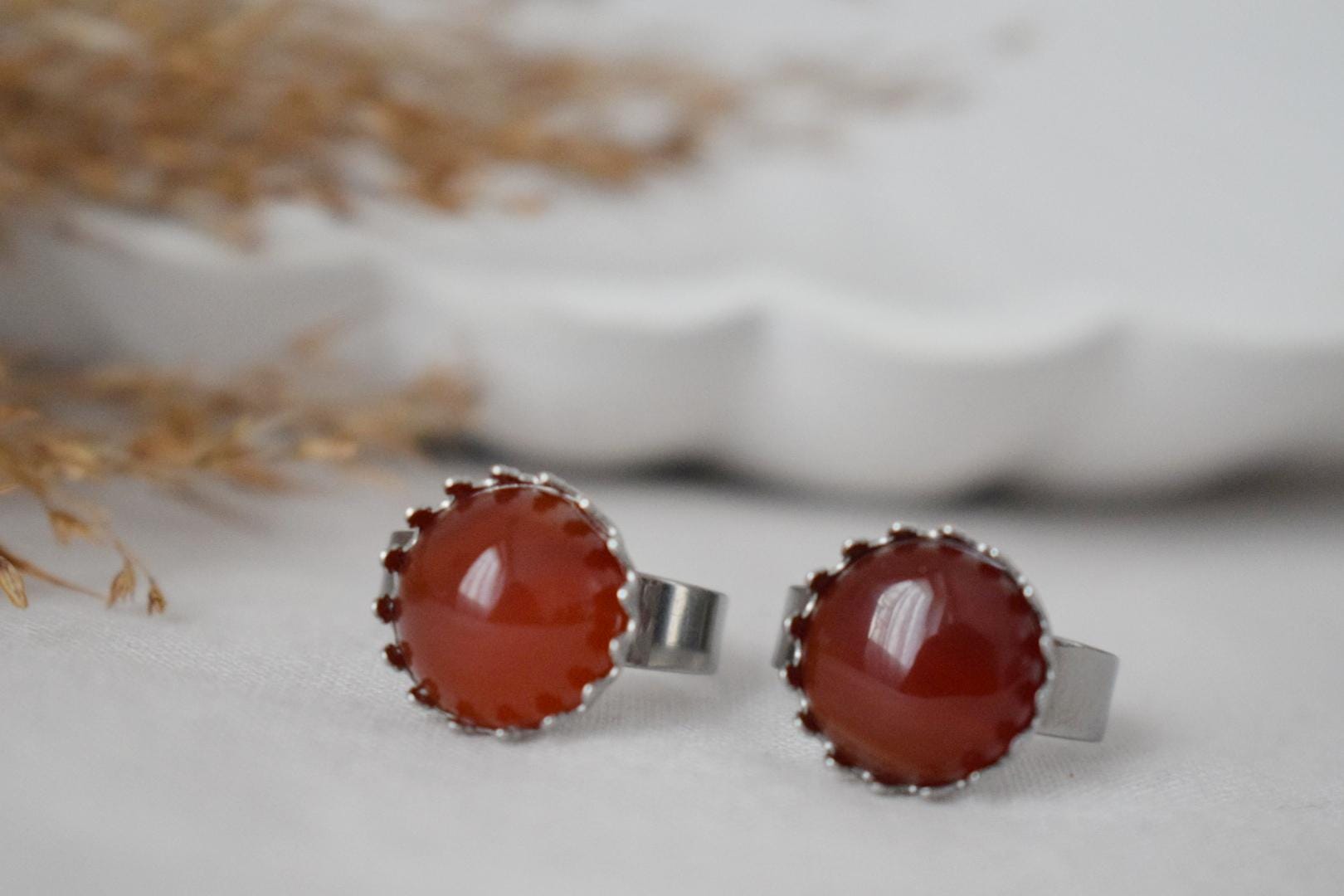 Red Agate Ring: Stainless Steel Adjustable Gemstone Jewelry
