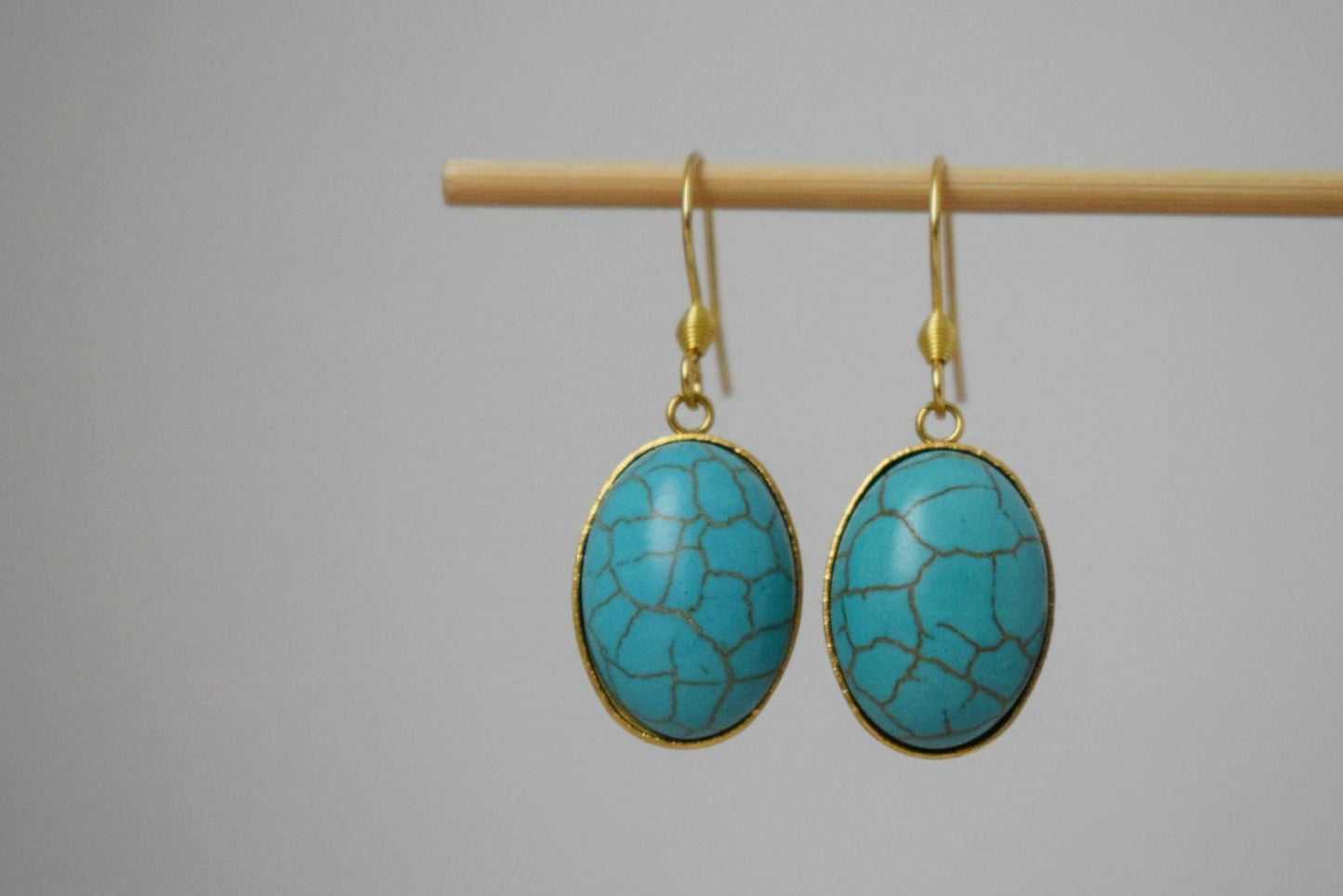 Turquoise Earrings Gold, Oval Blue Gemstone Hangings, Boho Dangle Earrings For Women, Unique Jewelry, Best Gift For Her