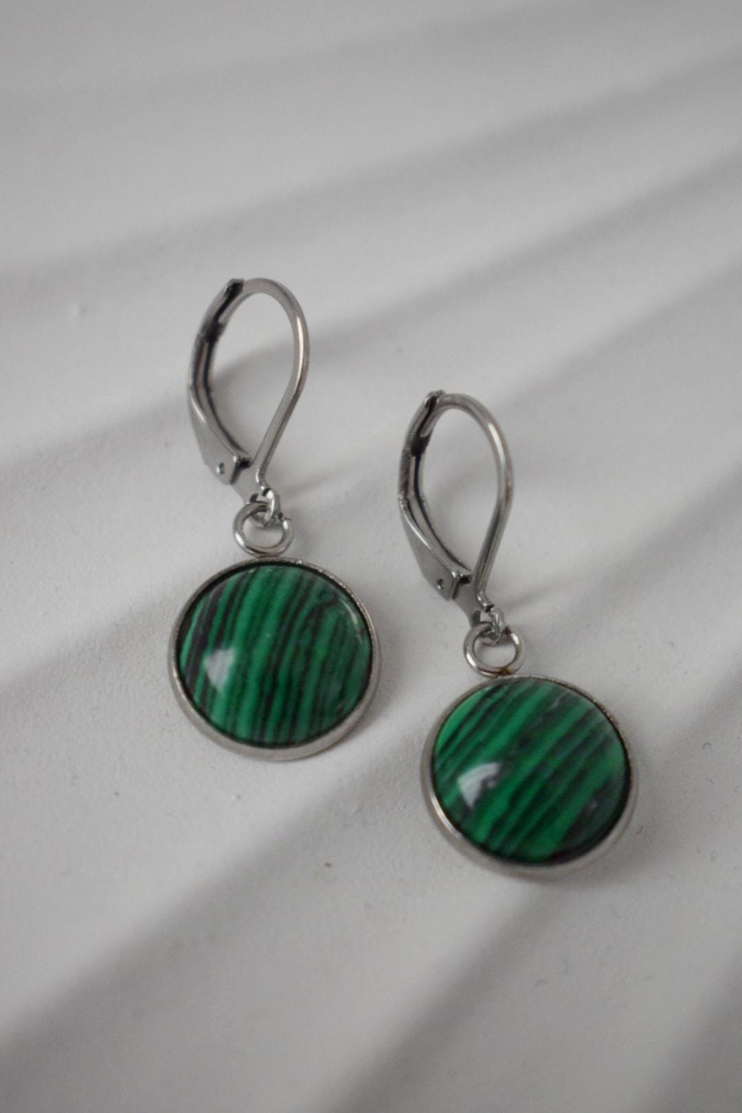 Malachite earrings huggies, Green Jewelry Gift