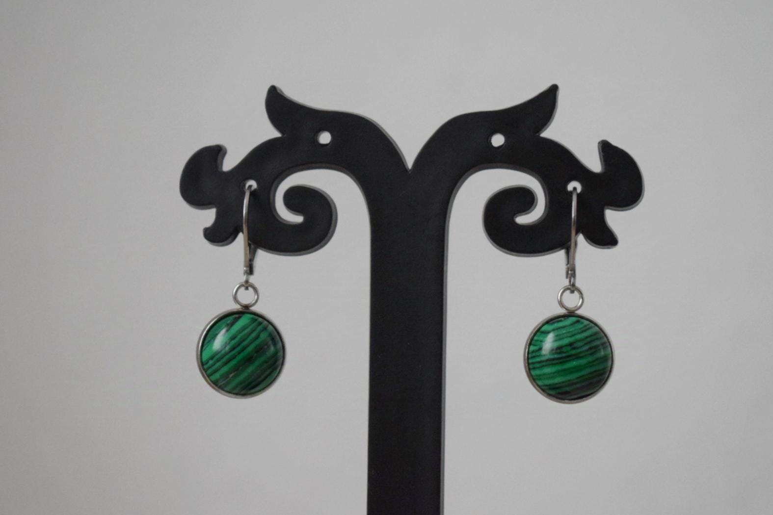 Malachite earrings huggies, Green Jewelry Gift