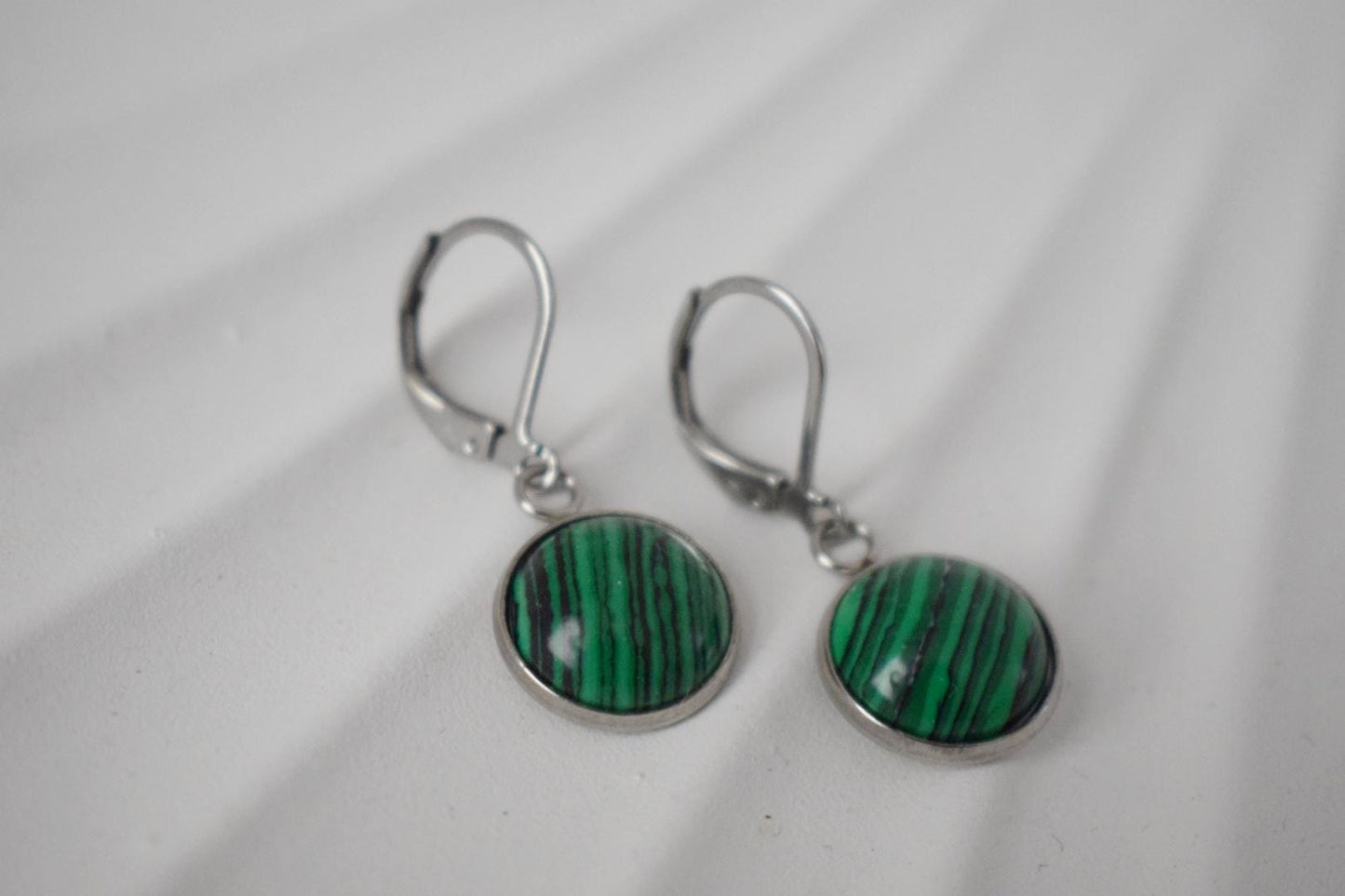 Malachite earrings huggies, Green Jewelry Gift