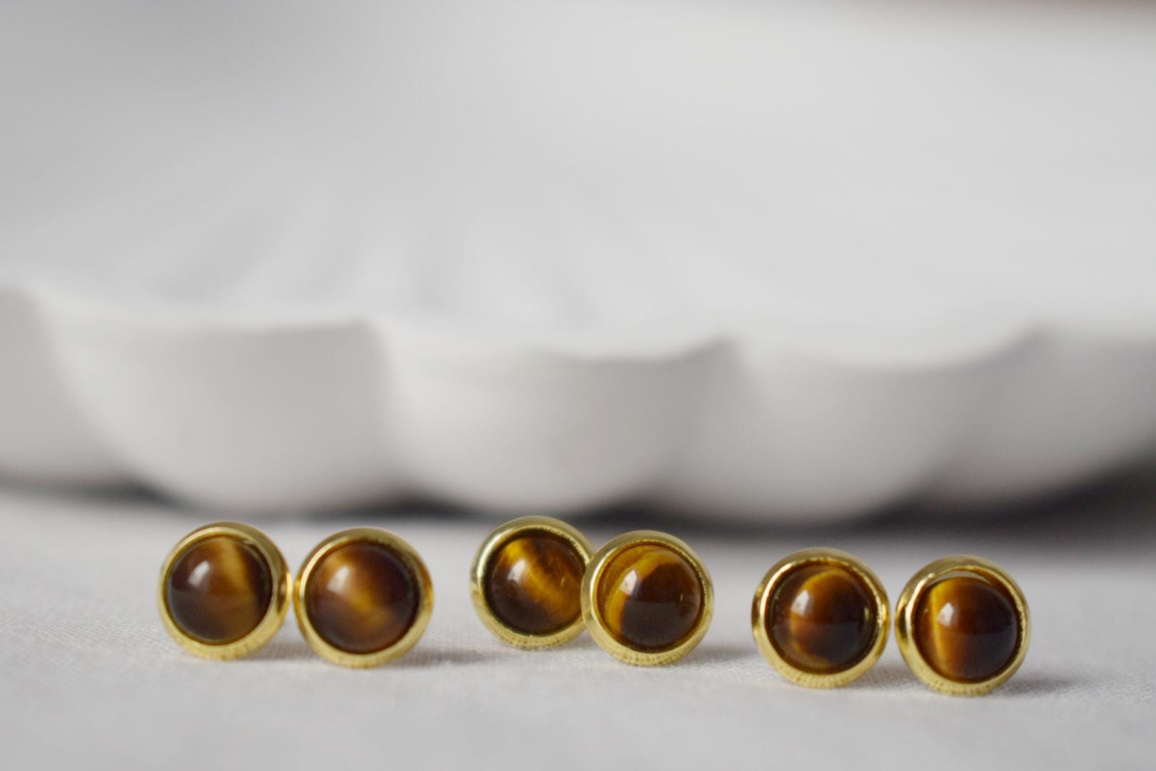 Gold Tiger Eye Stud Earrings: 8mm Gemstone, Minimalist Jewelry