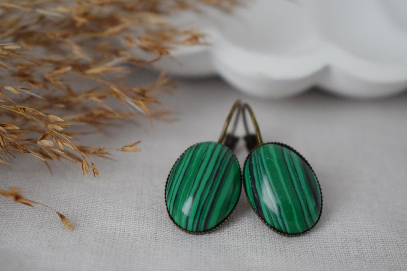 Malachite dangle earrings, Green gemstone vintage jewelry