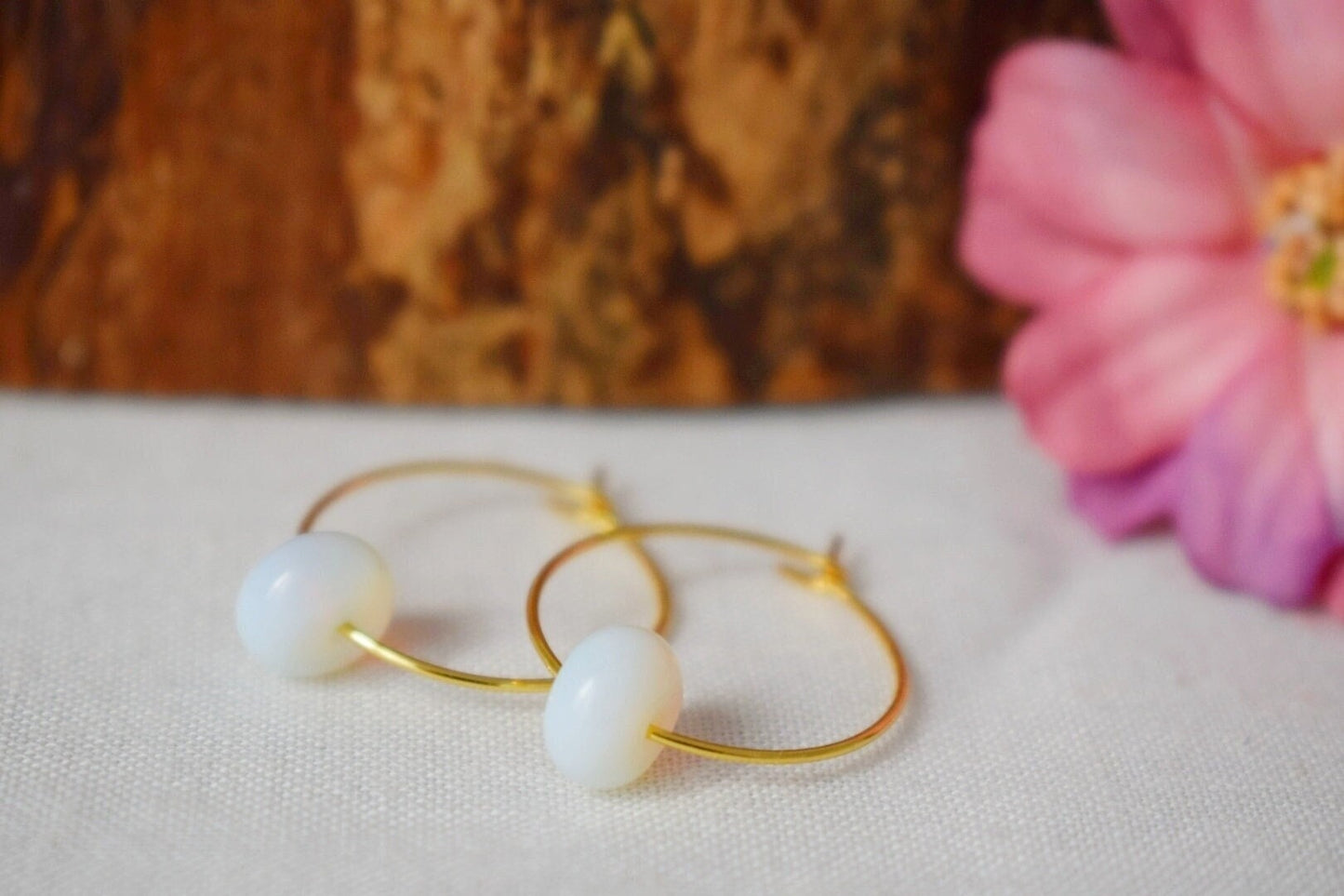 Opalite Hoop Earrings Gold, Opalite moonstone, Gemstone 20mm Hoops, Minimalist jewelry, 18k gold plated stainless steel, Gift For Her
