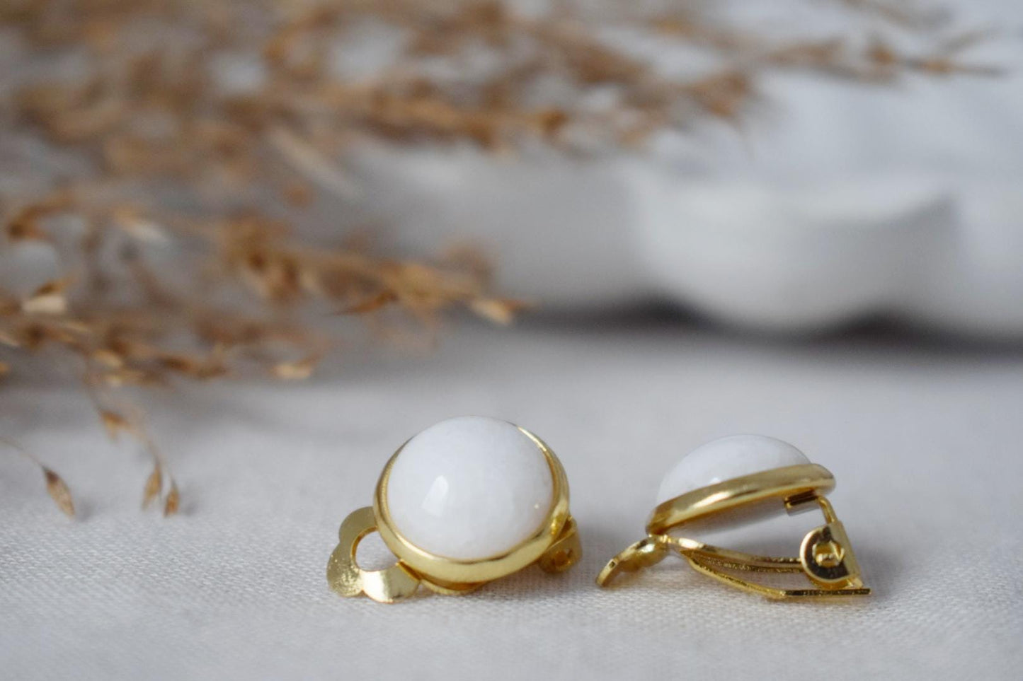 White jade clip on earrings, Gemstone ear clips, Non pierced Surgical stainless steel Jewelry
