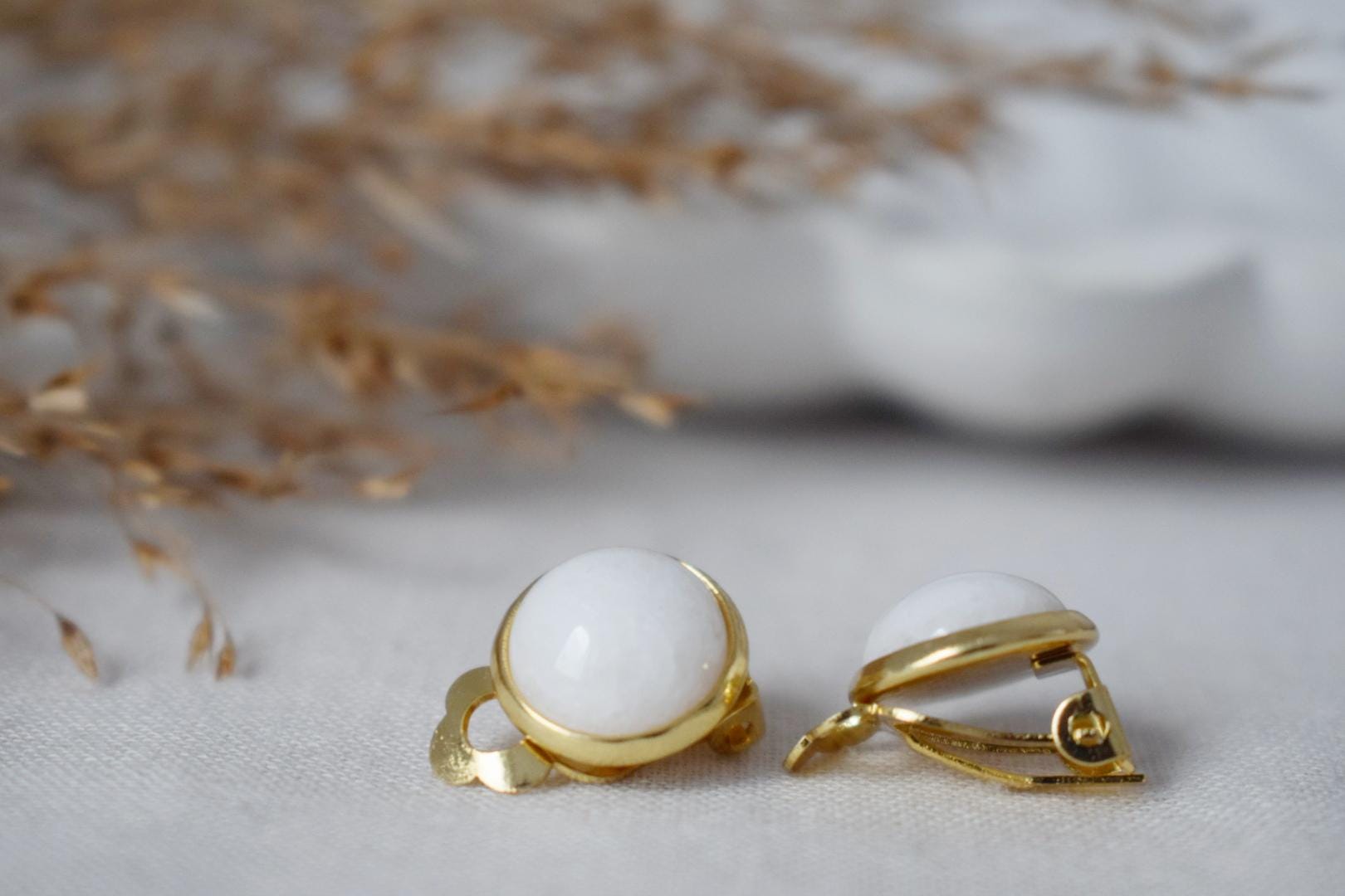 White jade clip on earrings, Gemstone ear clips, Non pierced Surgical stainless steel Jewelry