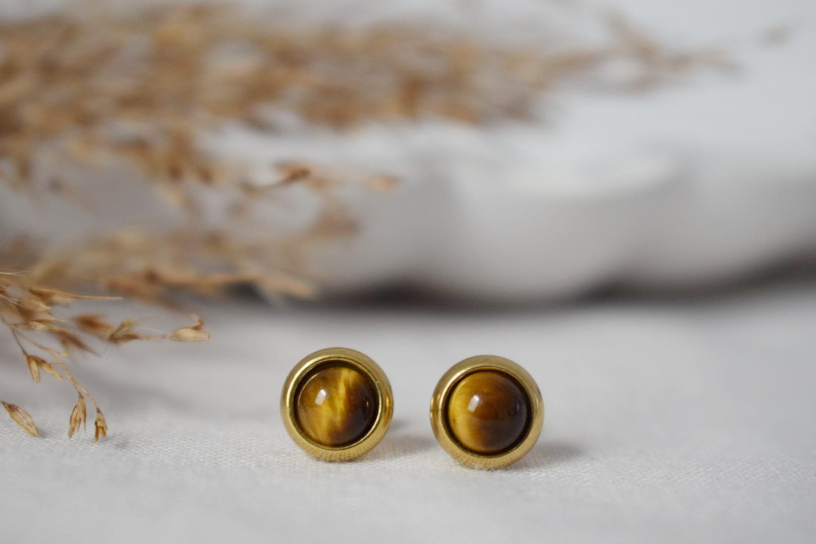 Mini Tiger Eye Stud Earrings: Gold Plated Stainless Steel, 6mm