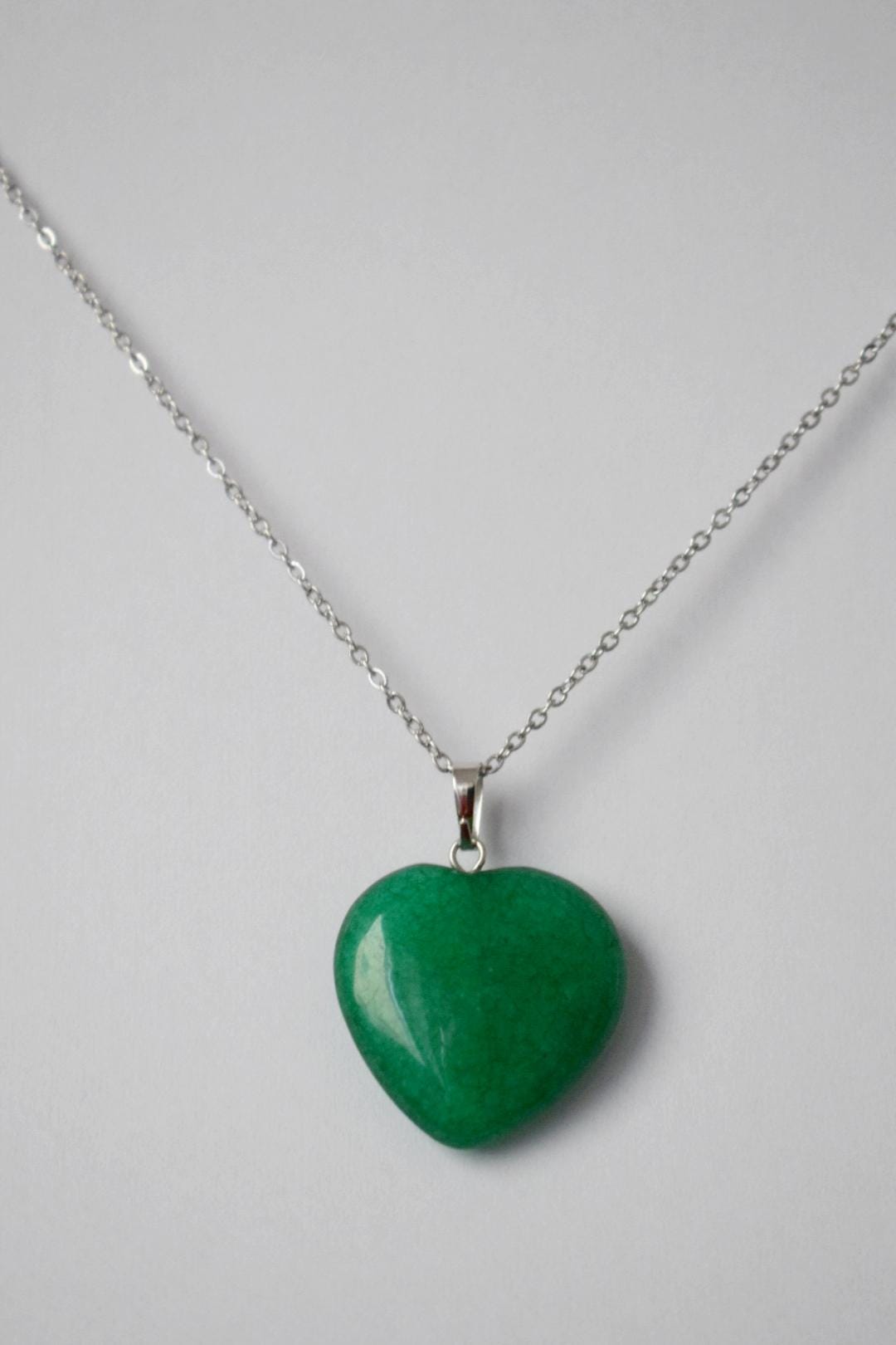 Green Jade Heart Necklace - Stainless Steel Chain Jewelry