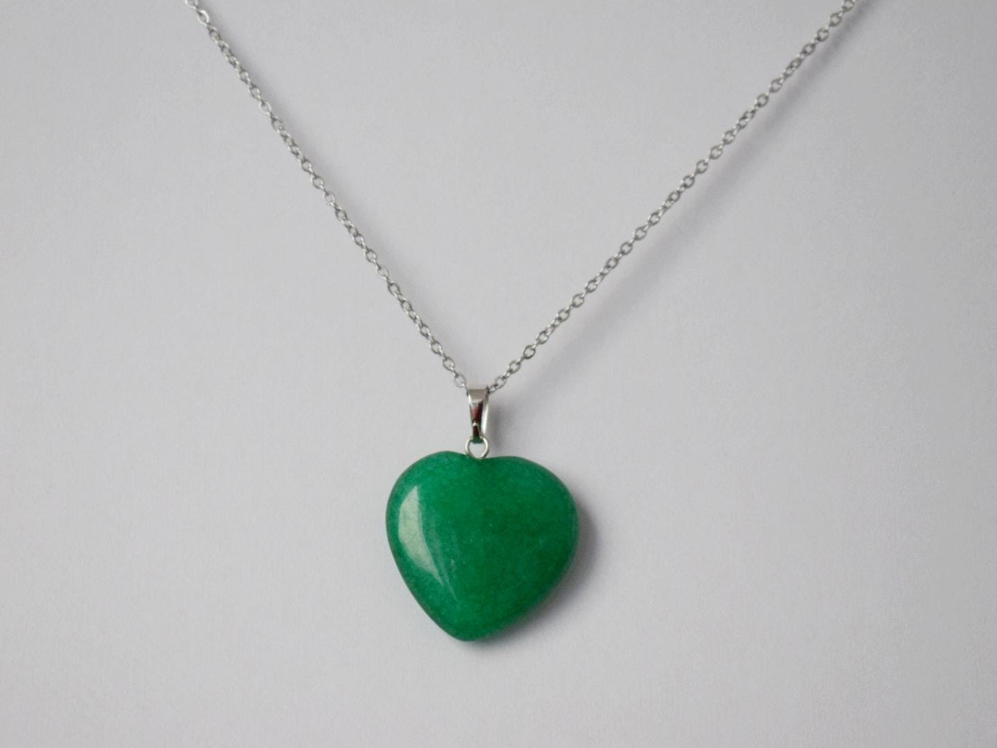 Green Jade Heart Necklace - Stainless Steel Chain Jewelry