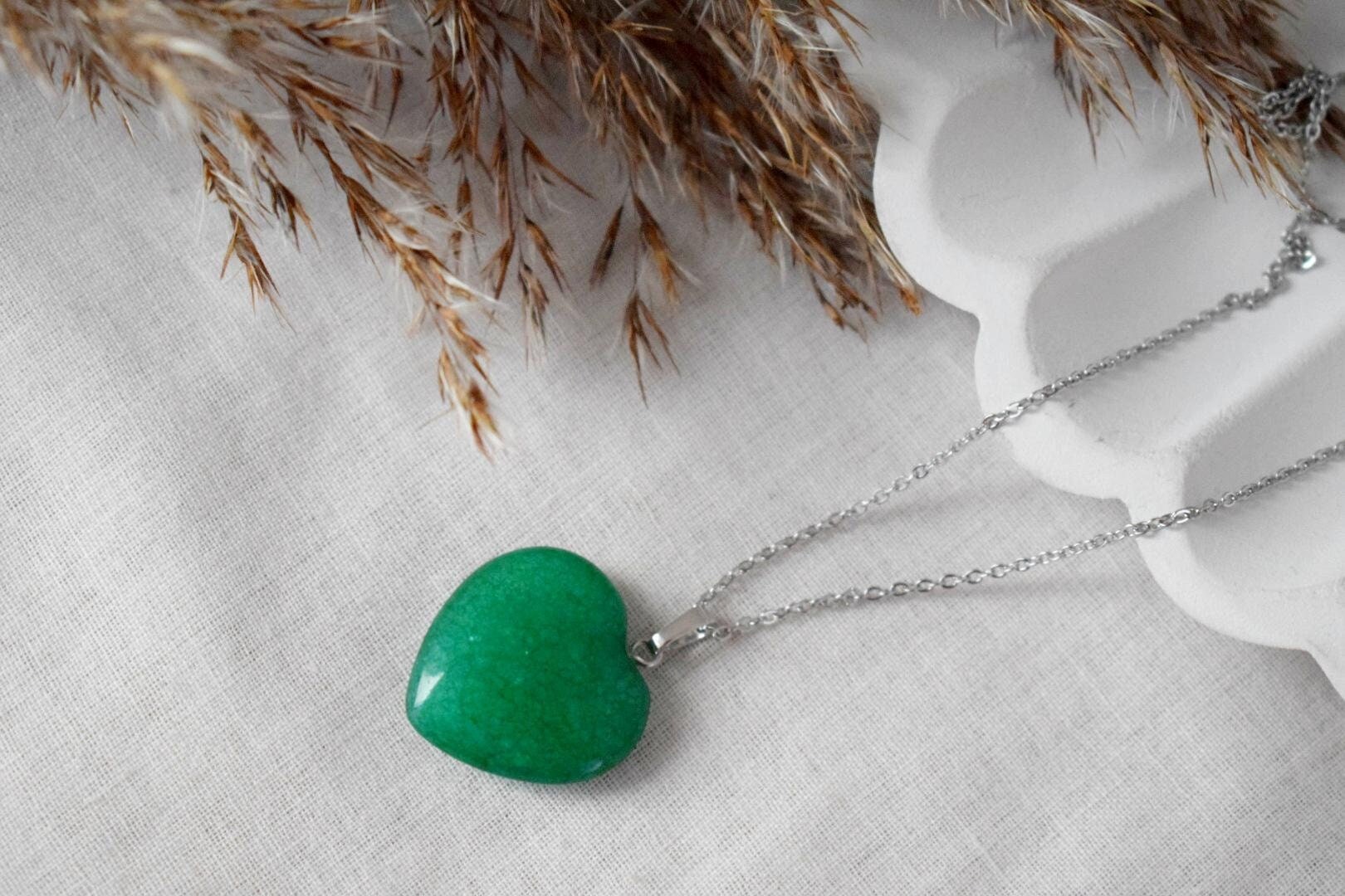 Green Jade Heart Necklace - Stainless Steel Chain Jewelry